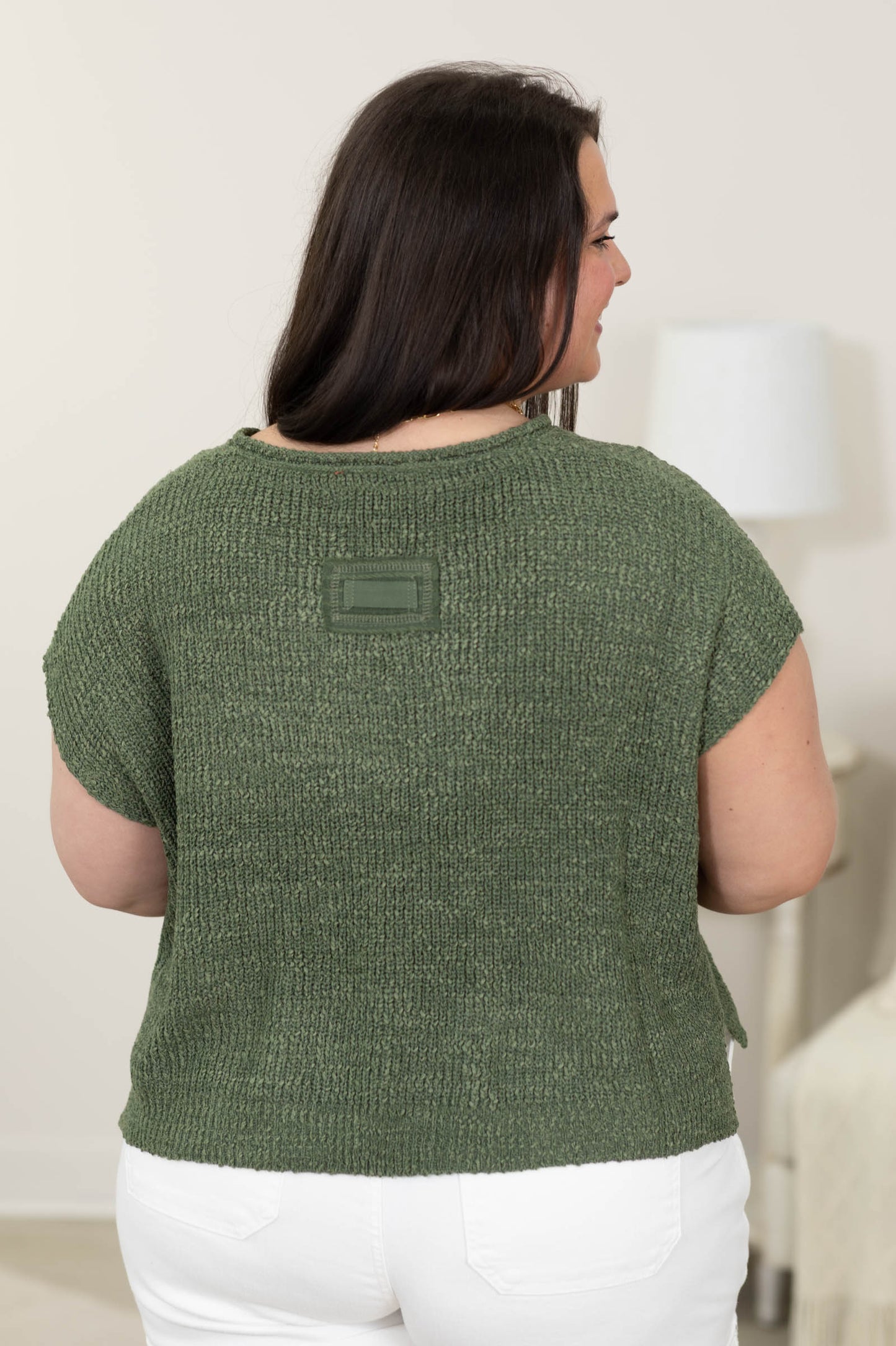 Back Patch Rolled Split Neck Side Slit Knit Top