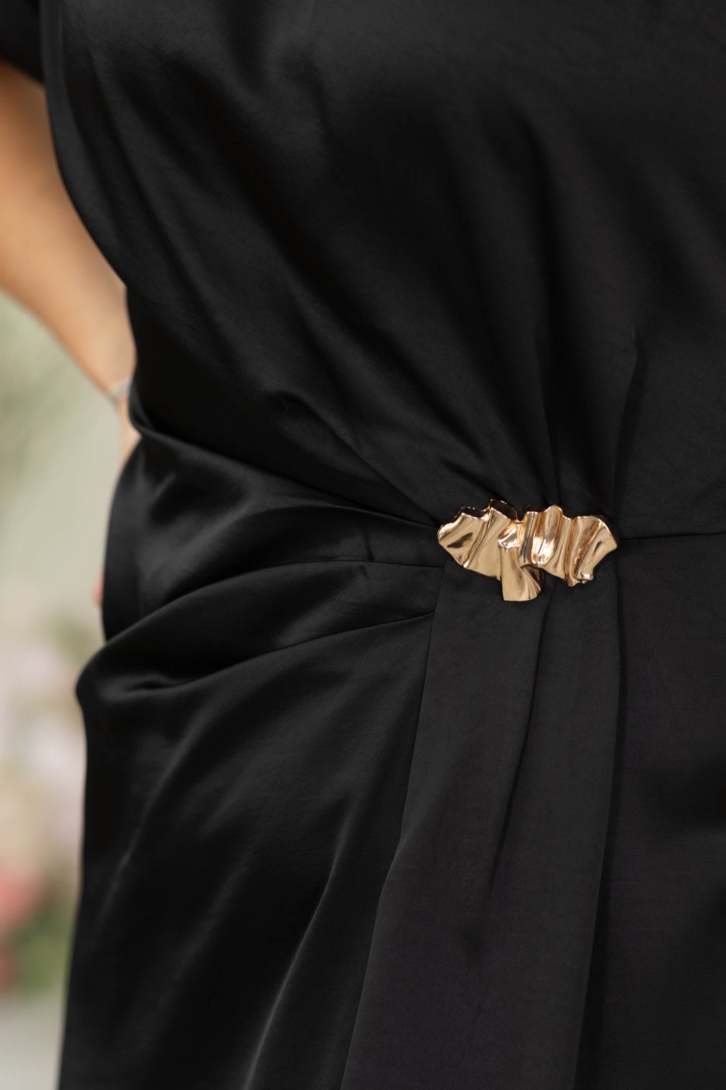 Black Gathered Metal Midi Dress