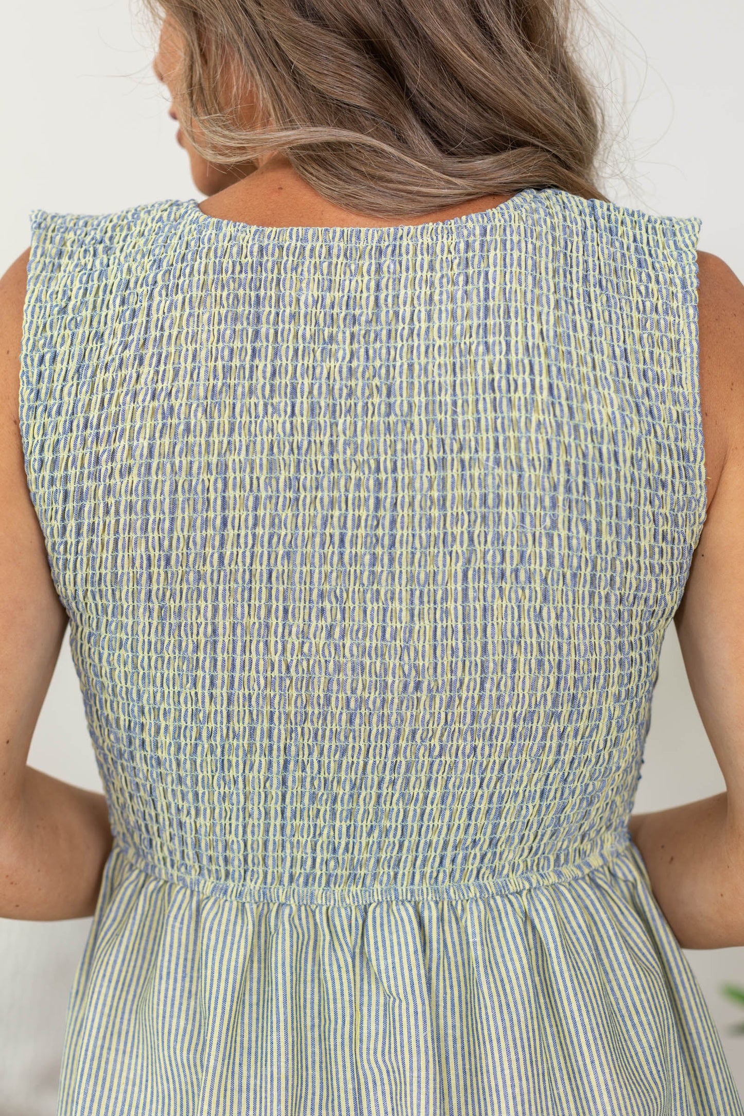 Blue And Yellow Pinstripe Smocked Midi Dress