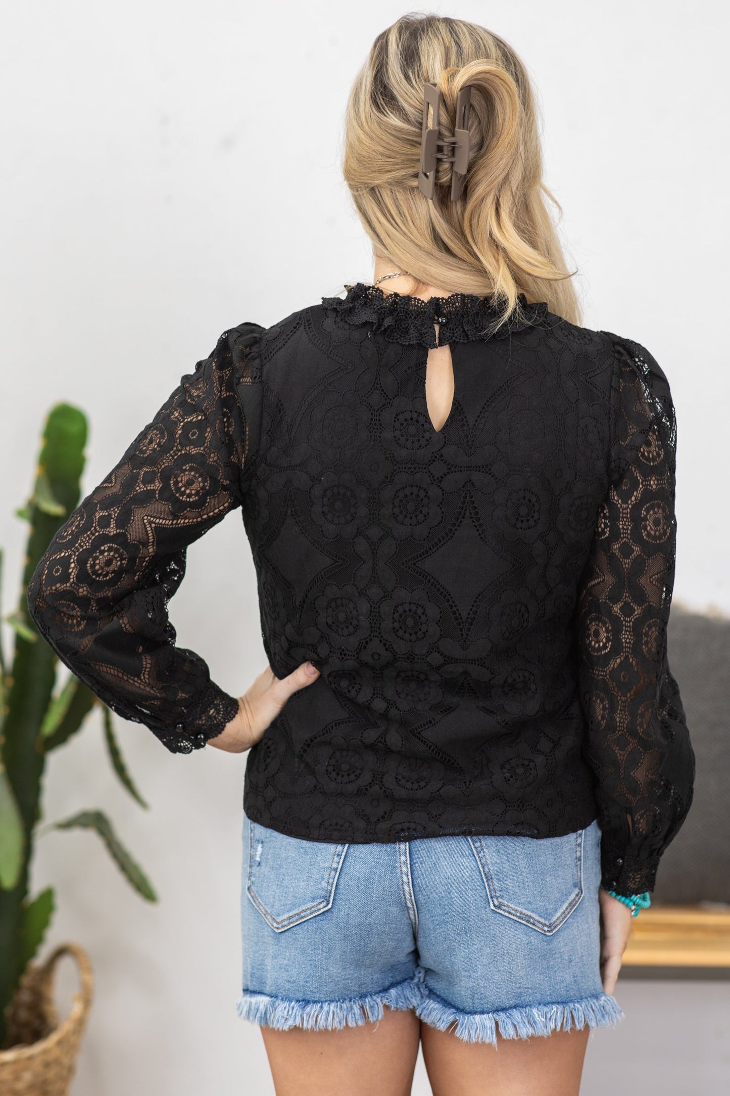 Black Lace Mock Neck Woven Top