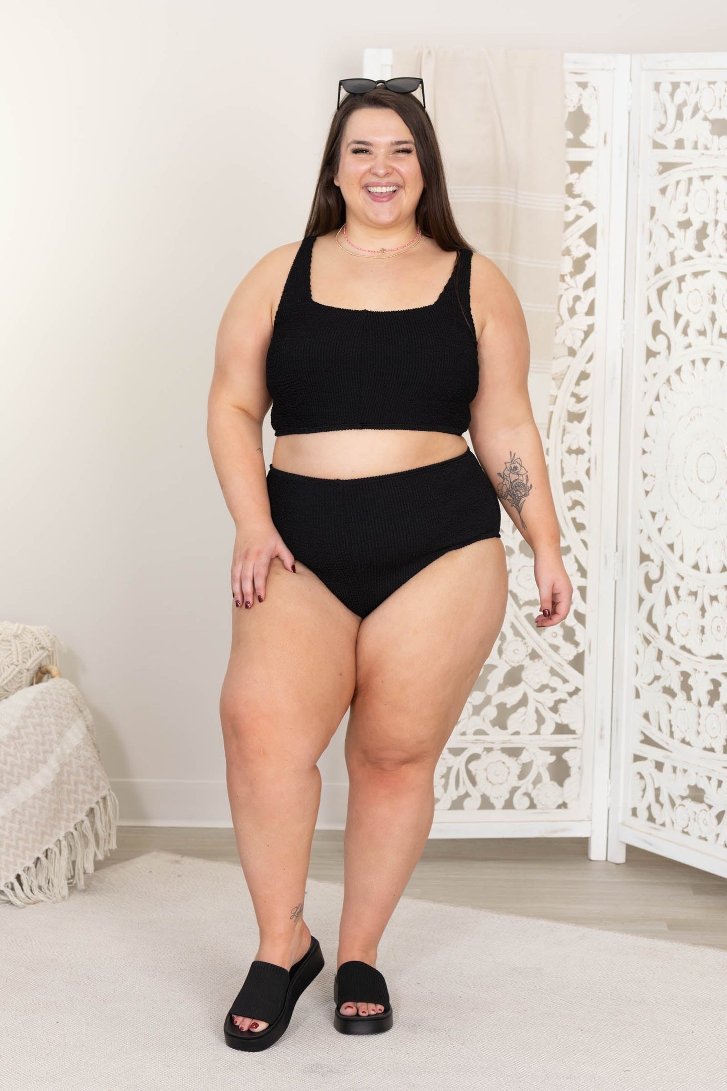 Black Ribbed Square Neck Two Piece Swimsuit