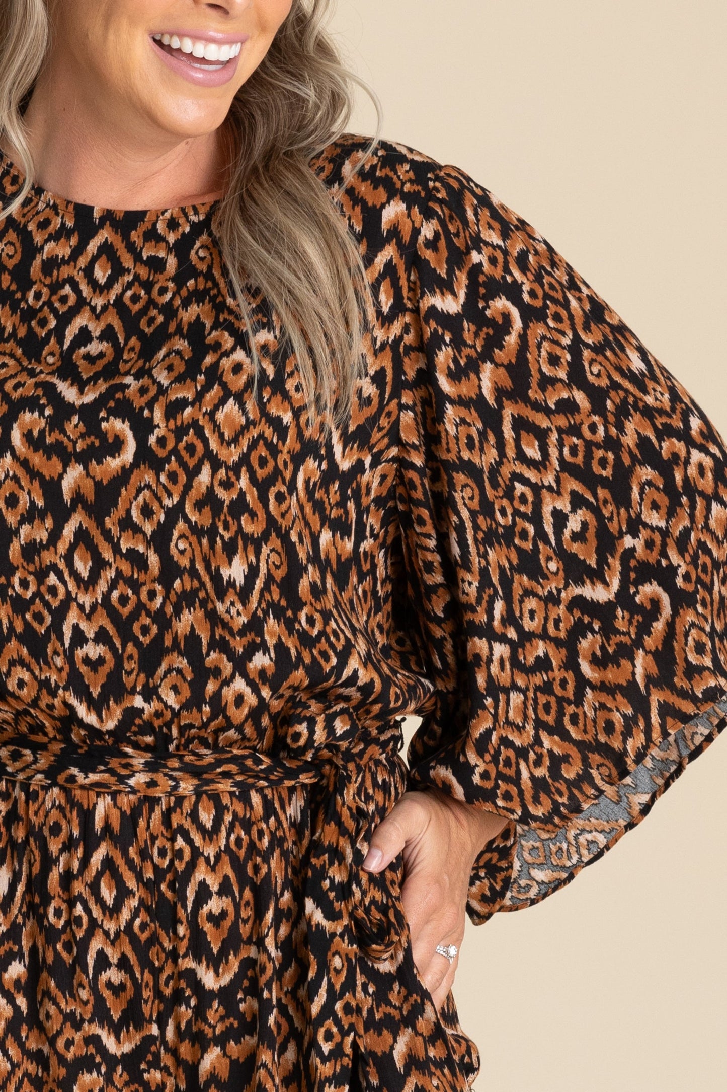 Black And Cinnamon Printed Jumpsuit With Belt