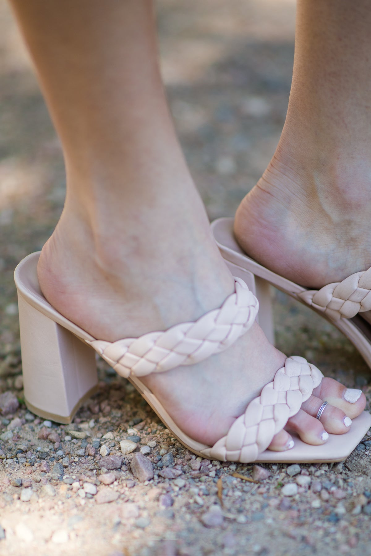 Beige Braided Strap Square Top Block Heels