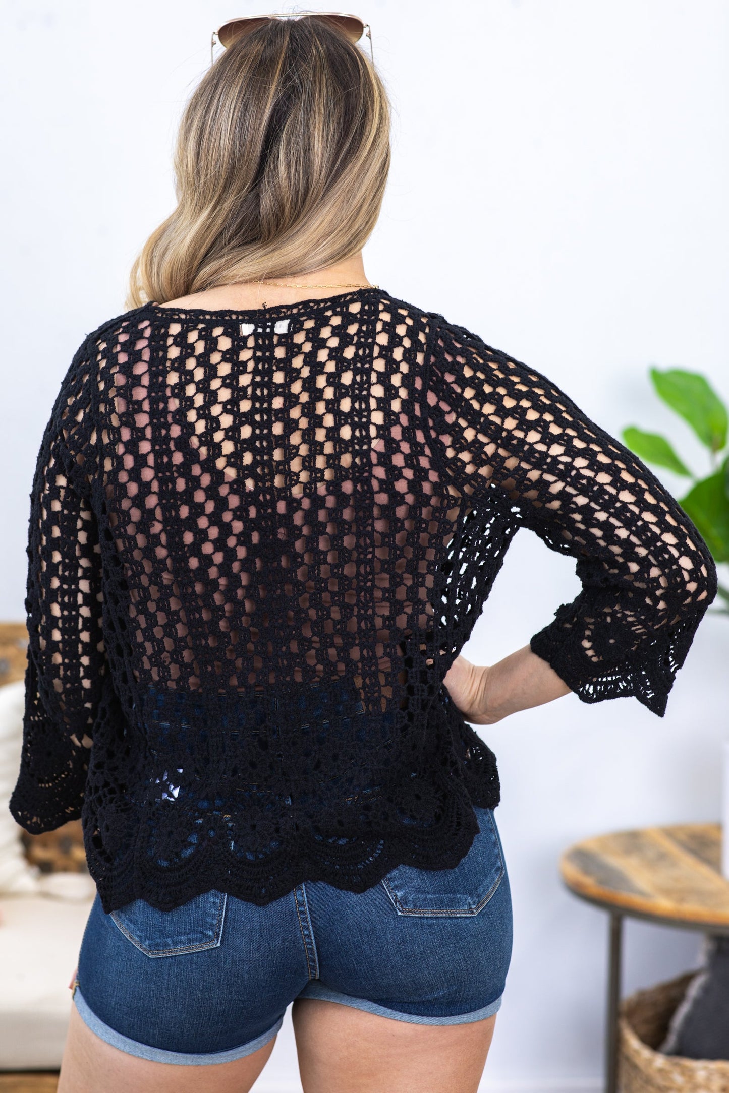 Black Crochet Cardigan With Scallop Hem