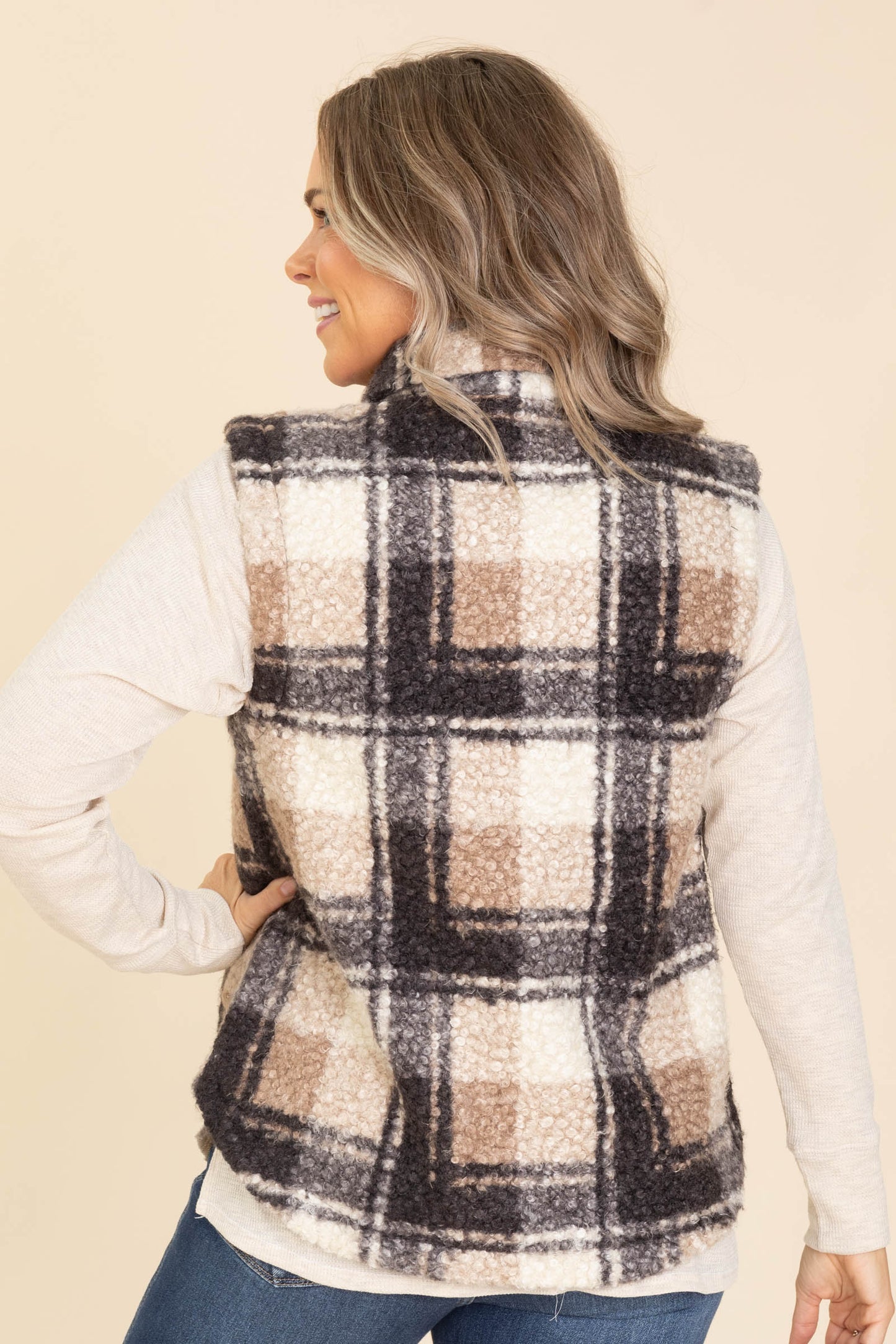 Black And Ivory Boucle Plaid Vest