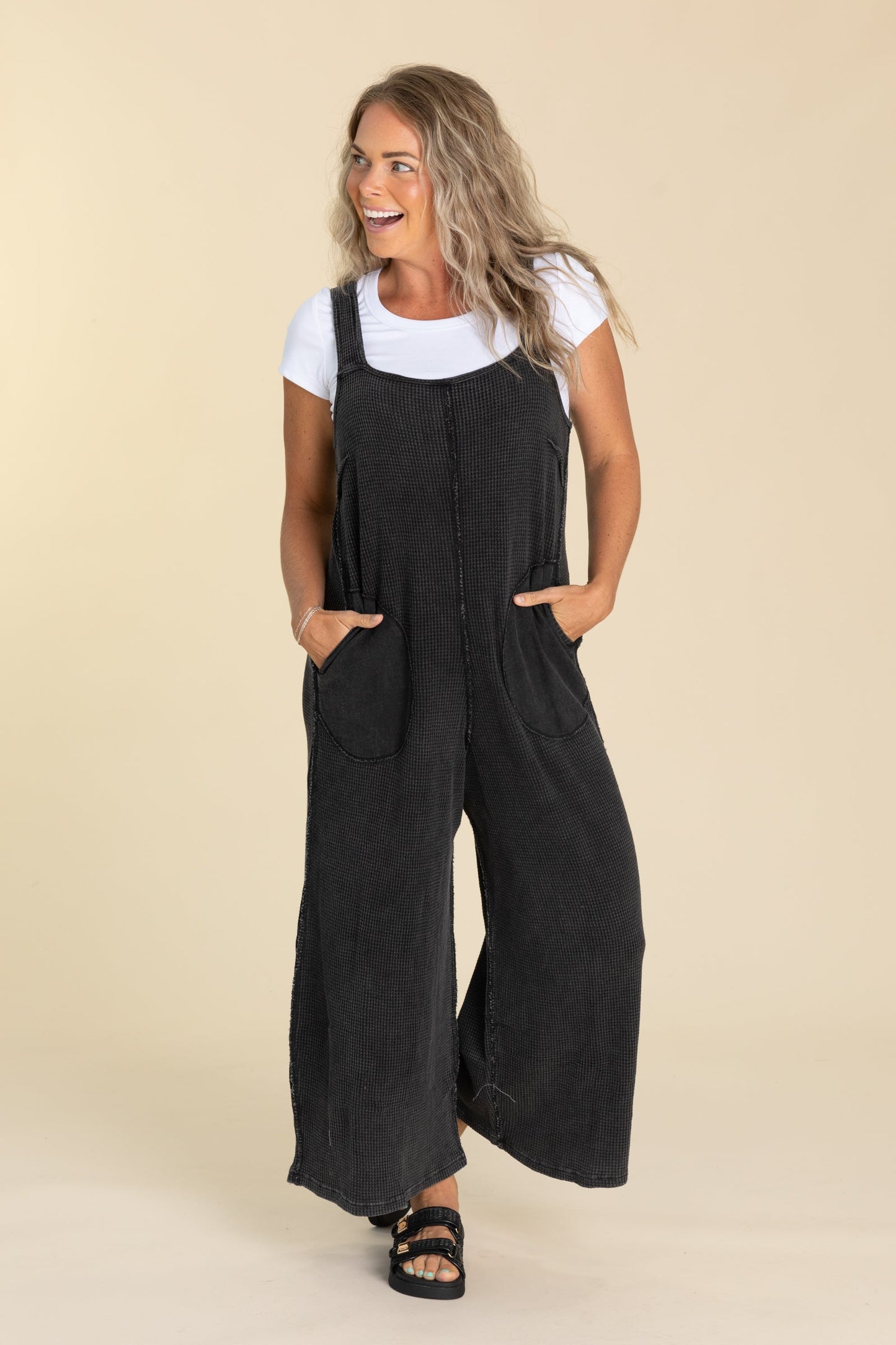 Black Ribbon Back Waffle Overall Jumpsuit