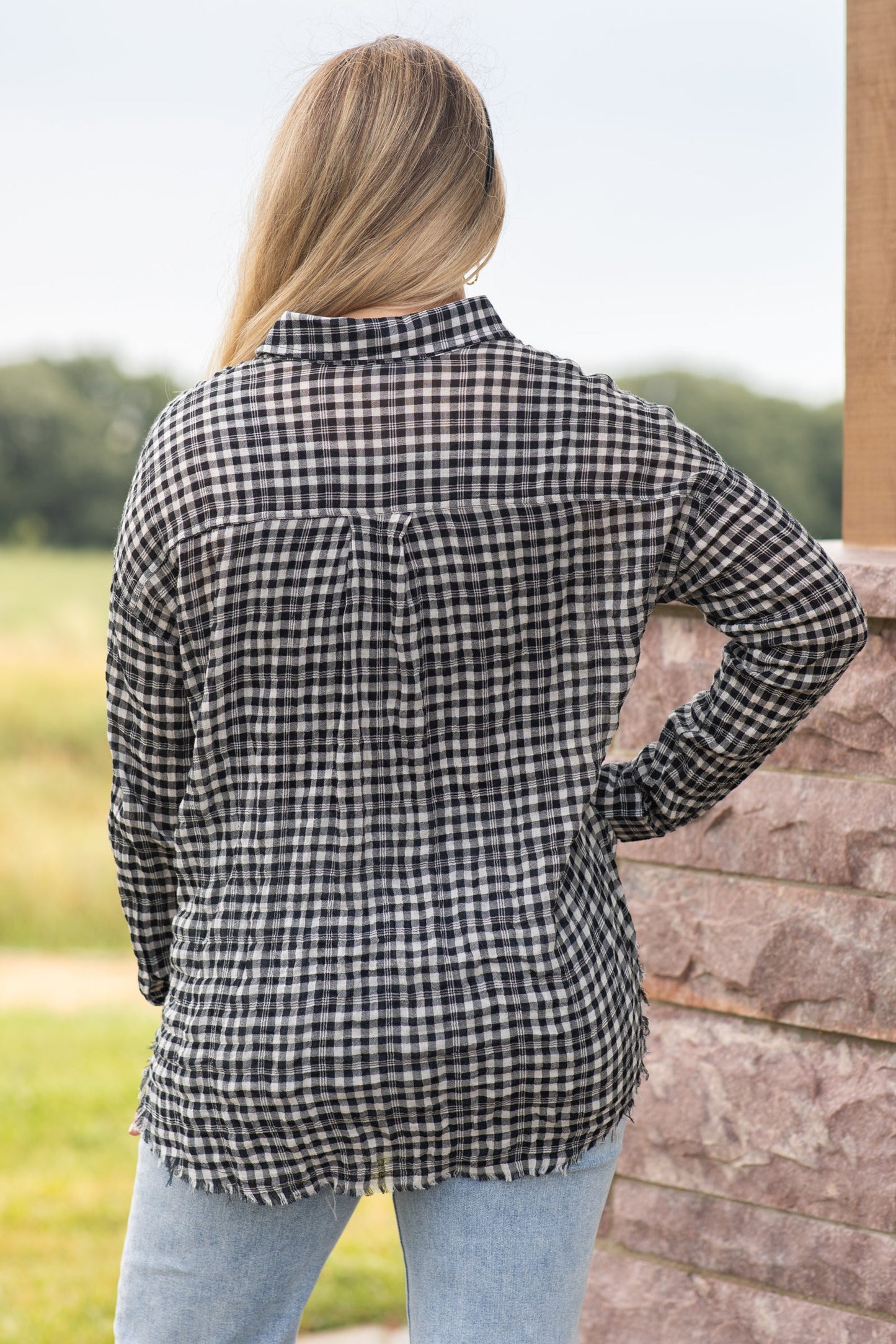 Black Collared Button-Up With Raw Hem