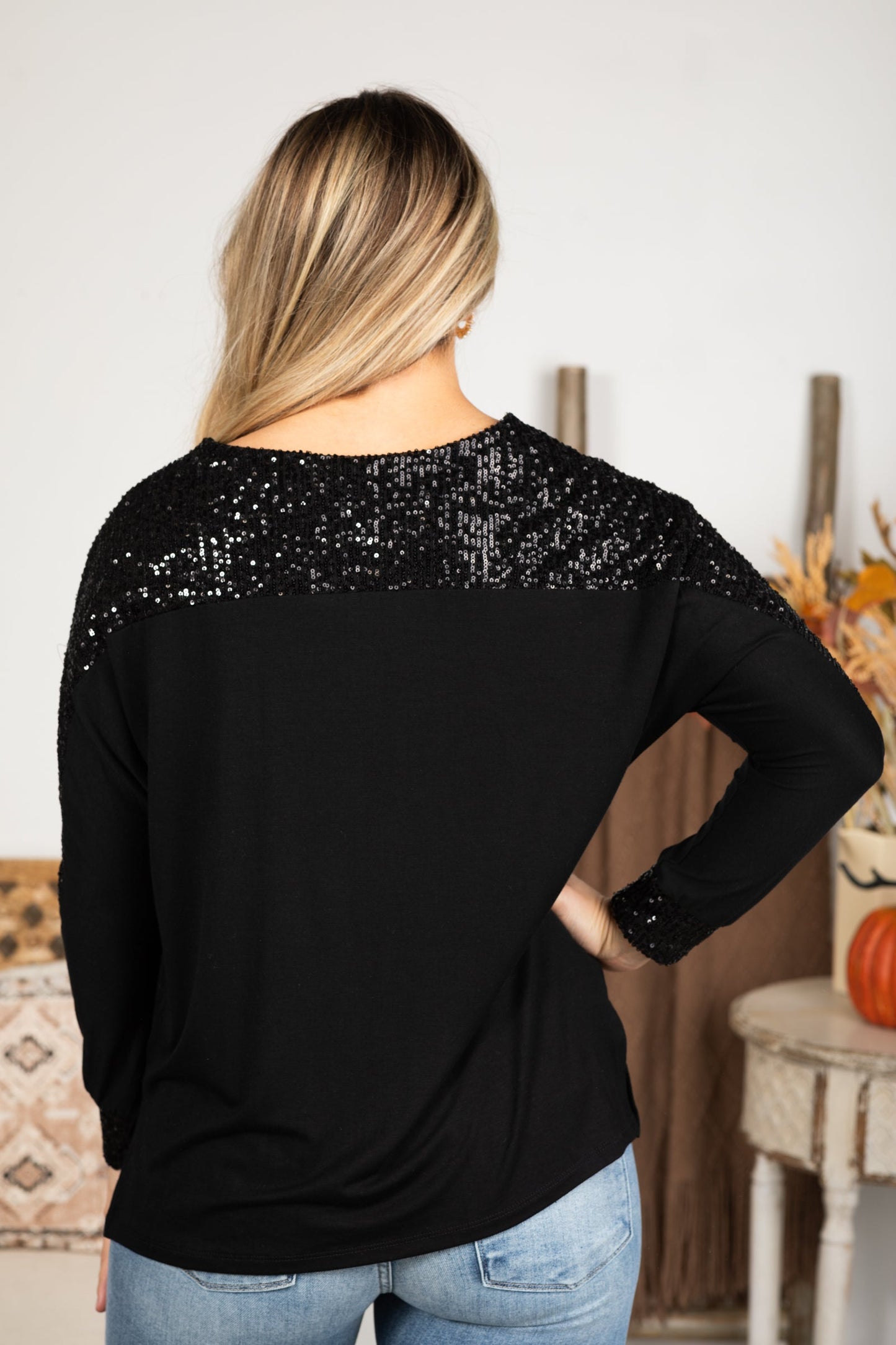 Black Sequin Long Sleeve Knit Top