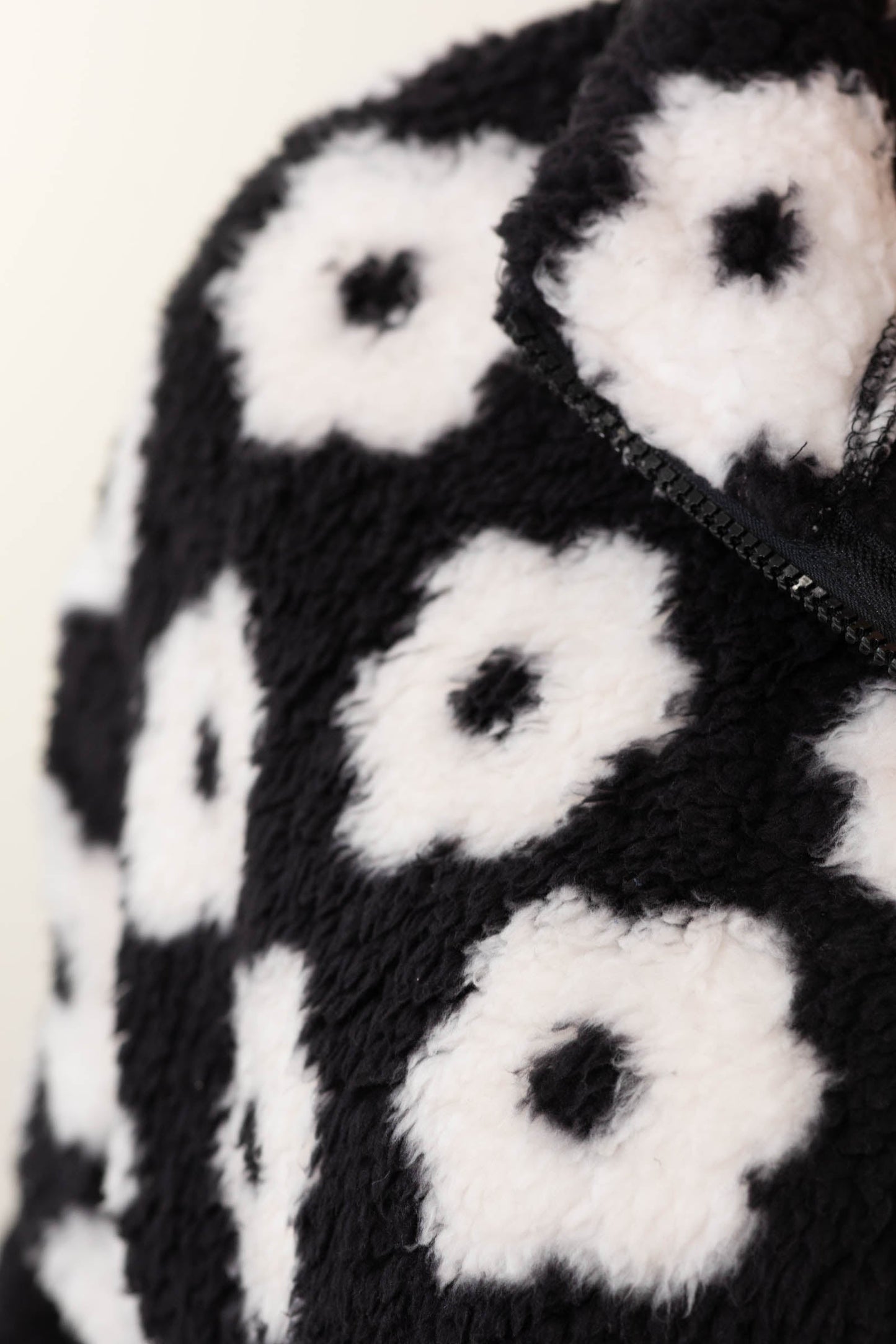 Black And White Floral Print Cozy Sherpa Jacket