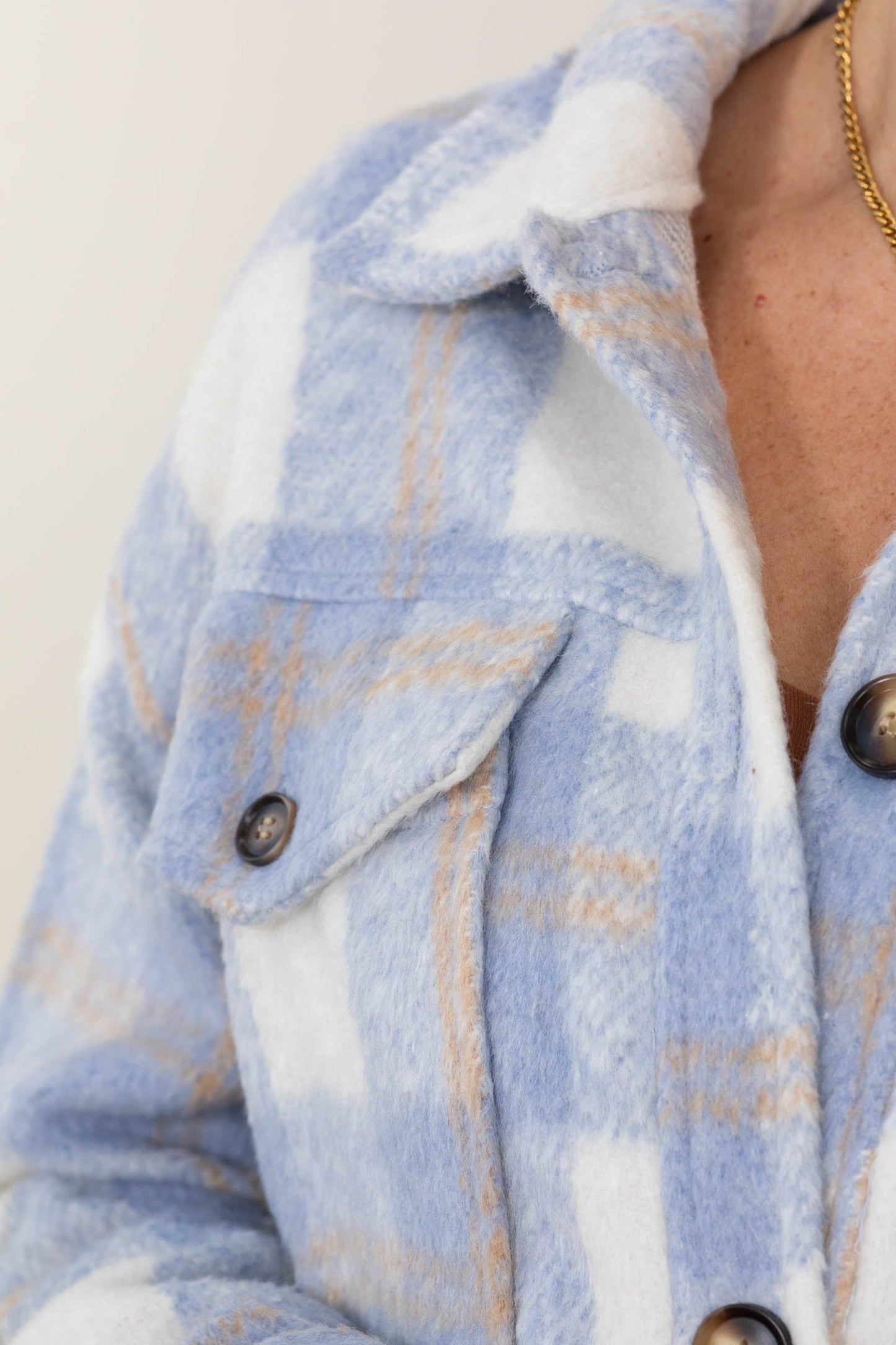 Blue Plaid Shacket With Front Chest Pockets