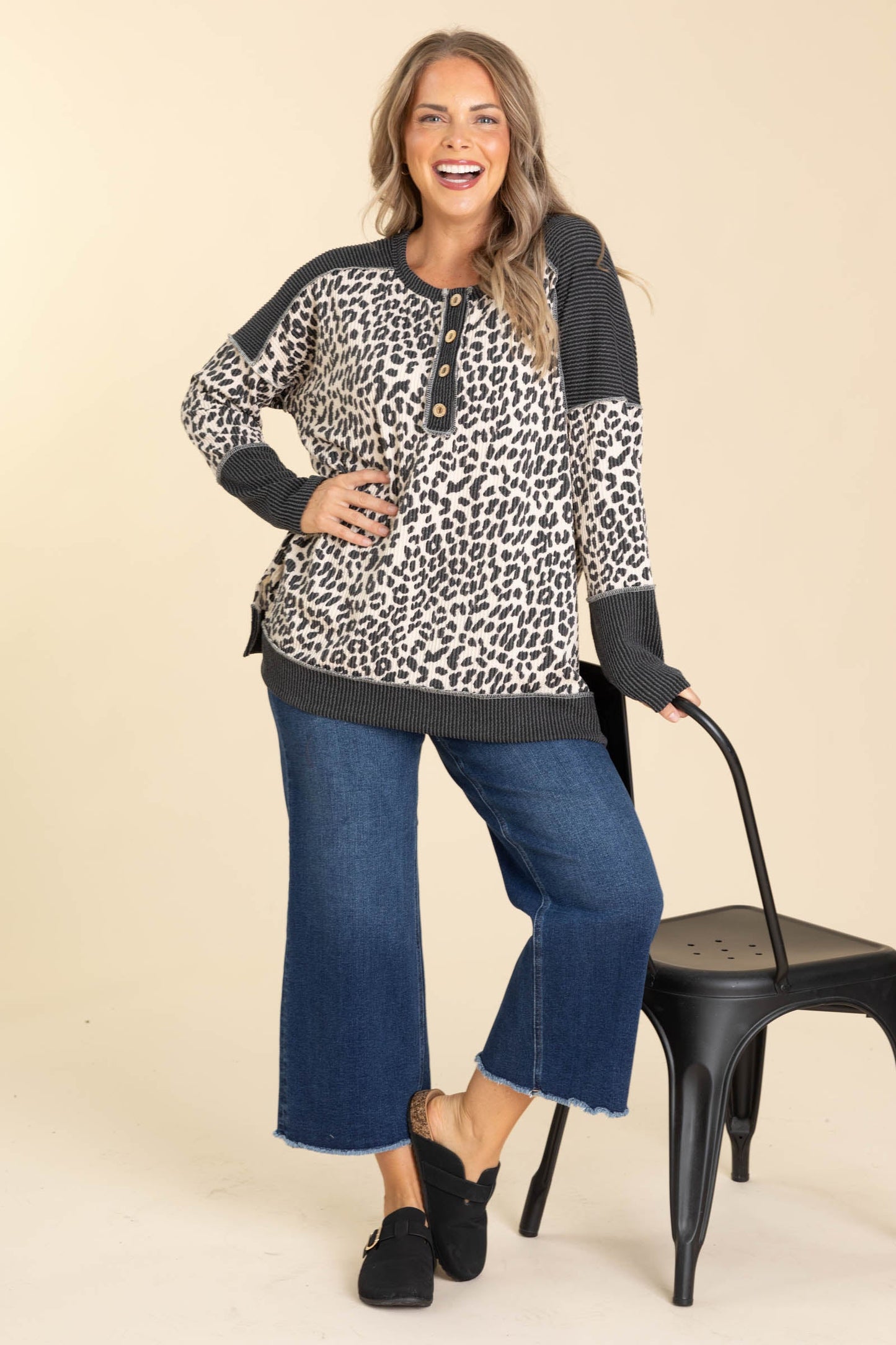 Beige Animal Print With Colorblock Knit Top