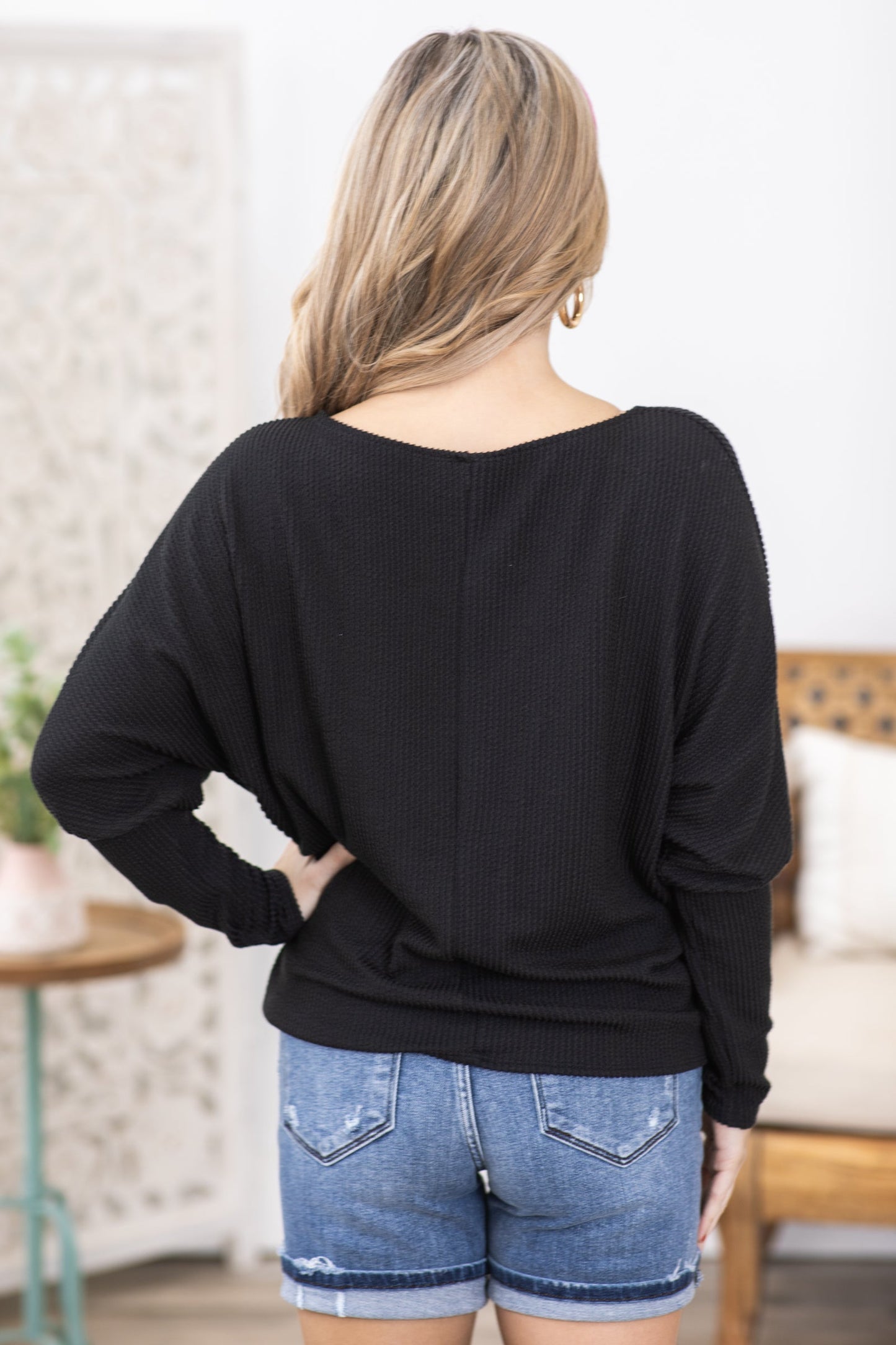 Black Ribbed Dolman Sleeve Knit Top