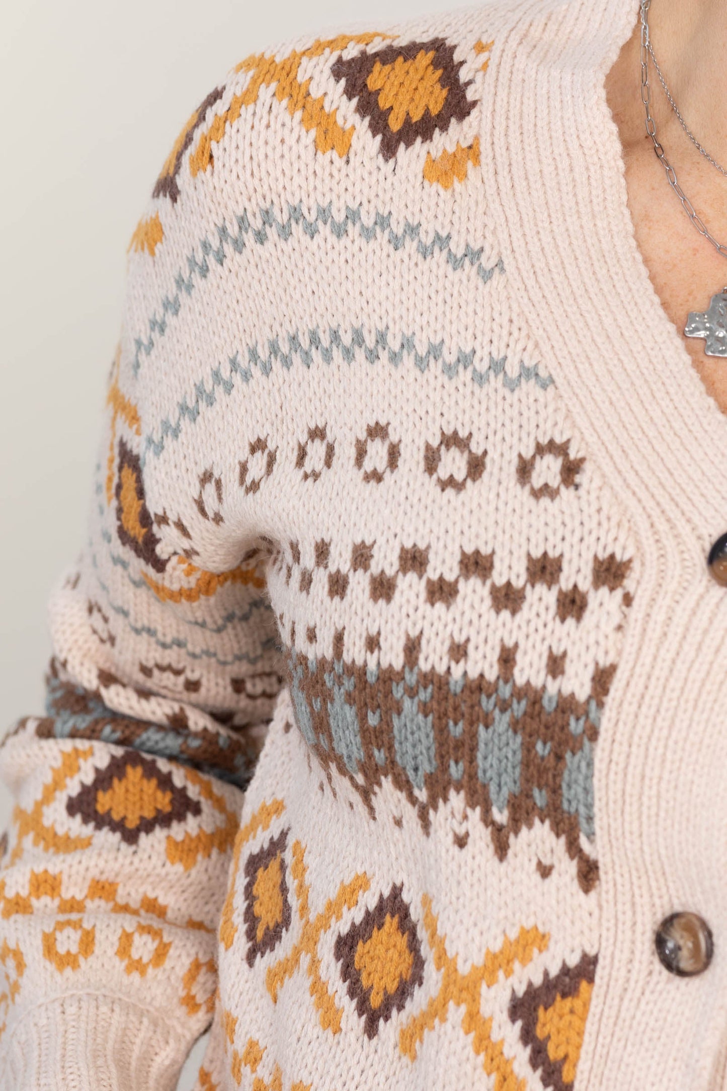 Beige Western Sweater Button V-Neck Cardigan