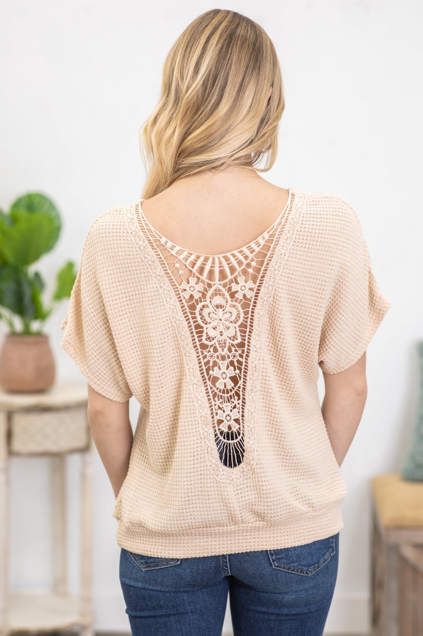 Beige Crochet Back Waffle Knit Top
