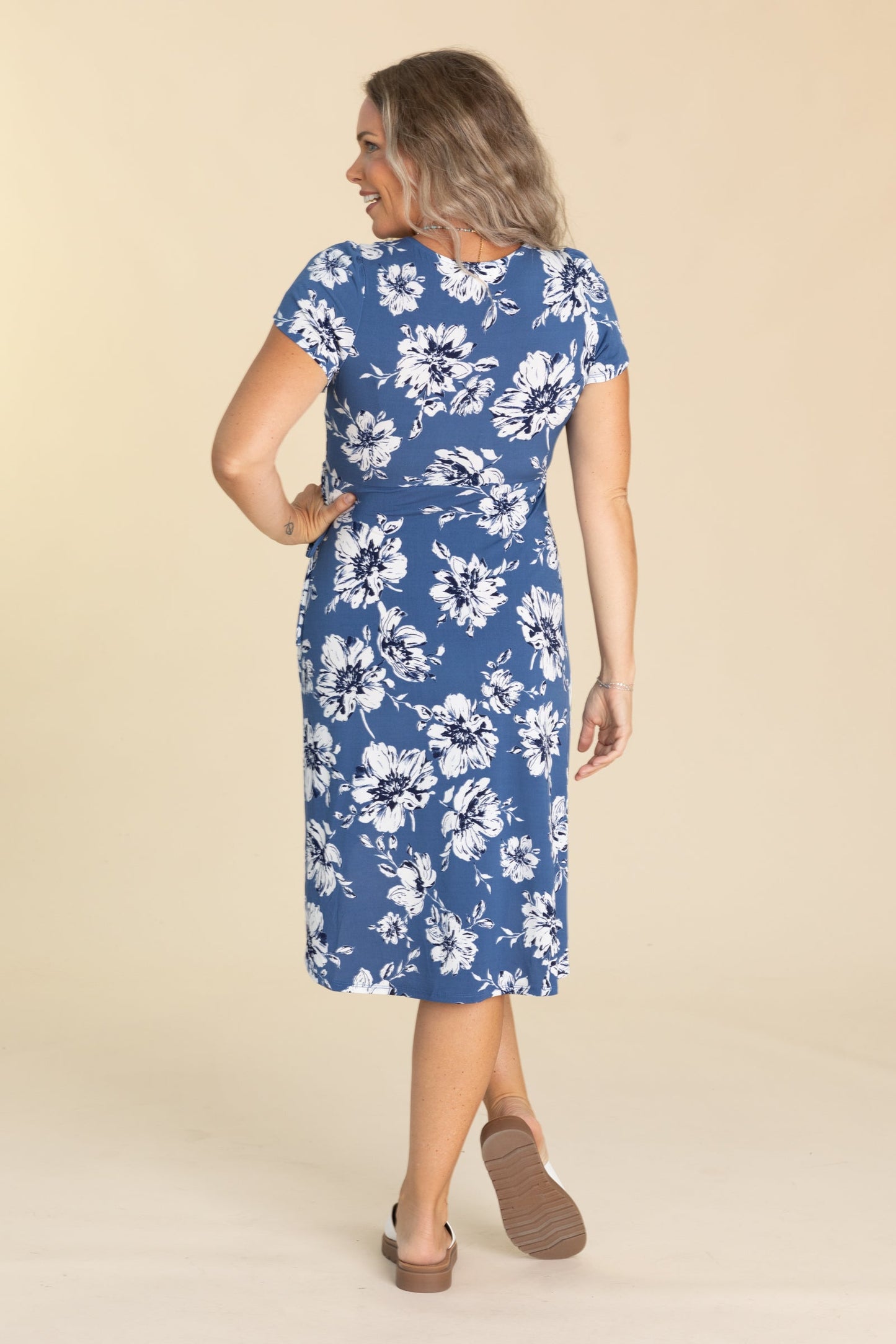 Blue With White Floral Print Waist Ties Dress