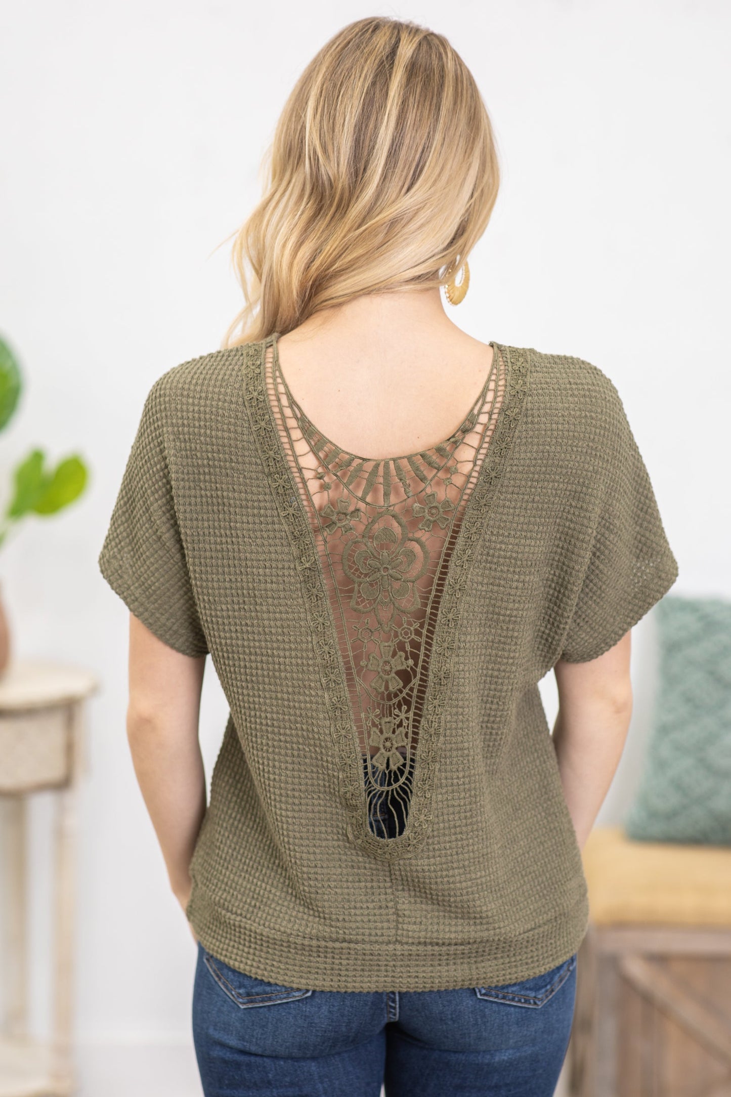 Army Green Crochet Back Waffle Knit Top