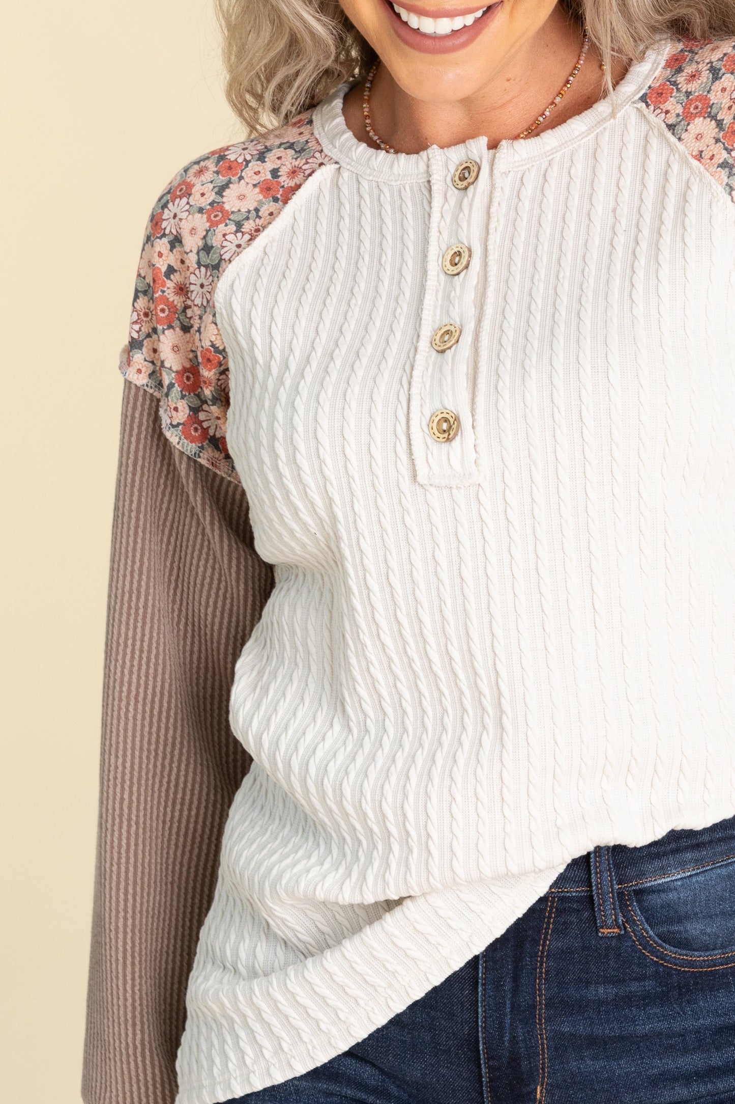 Beige Floral Contrast Long Sleeve Knit Top