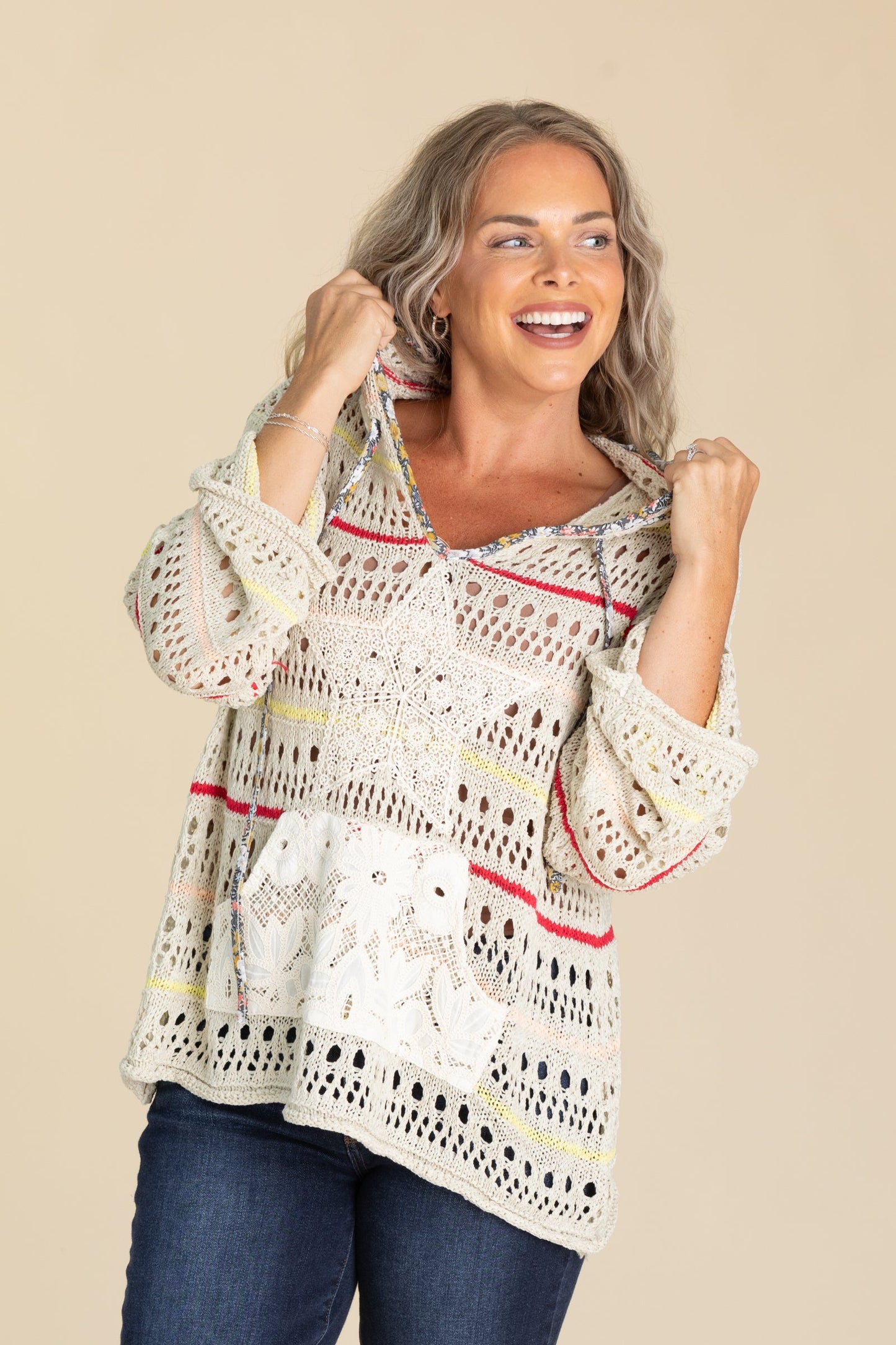 Beige Crochet Hoodie With Stripes and Star