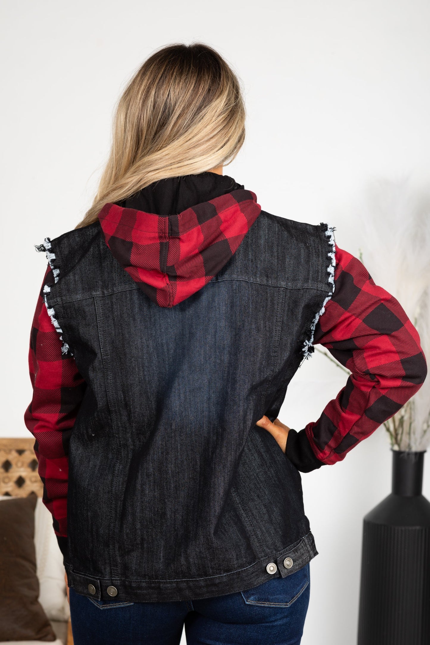 Black With Buffalo Plaid Denim Jacket