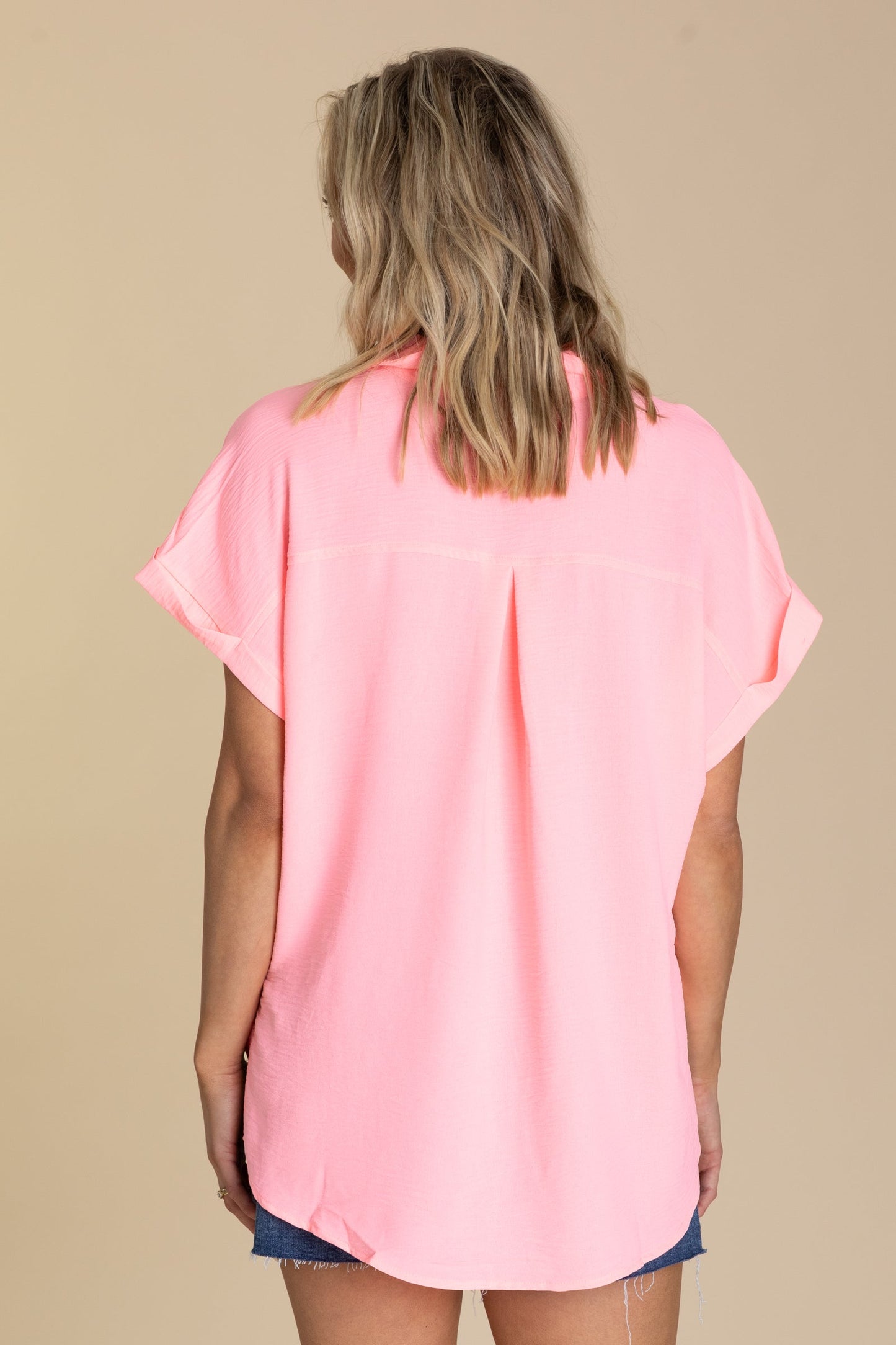 Bright Pink Woven Airflow Button Down Top