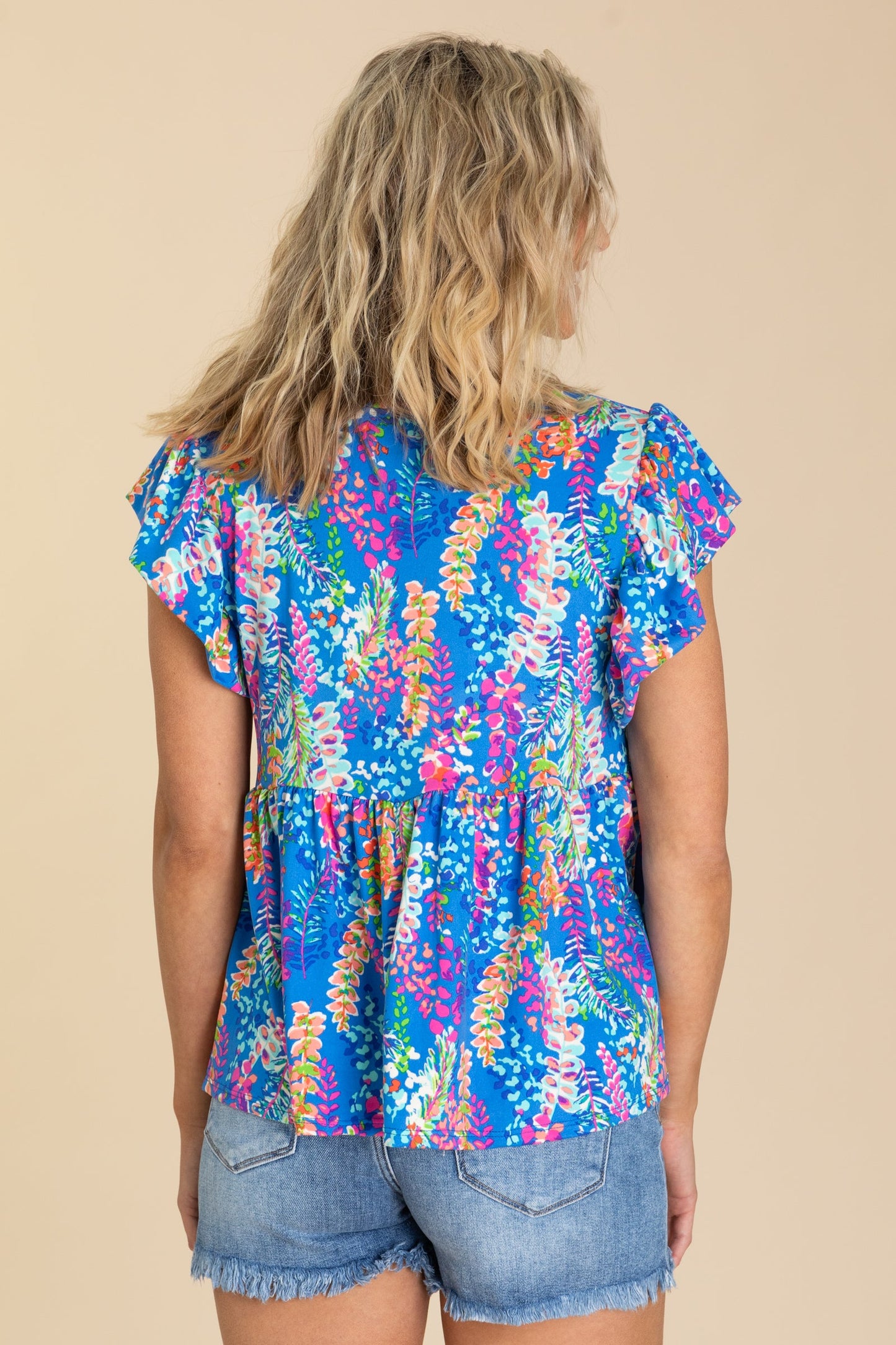 Blue Babydoll Floral Print Buttery Knit Top
