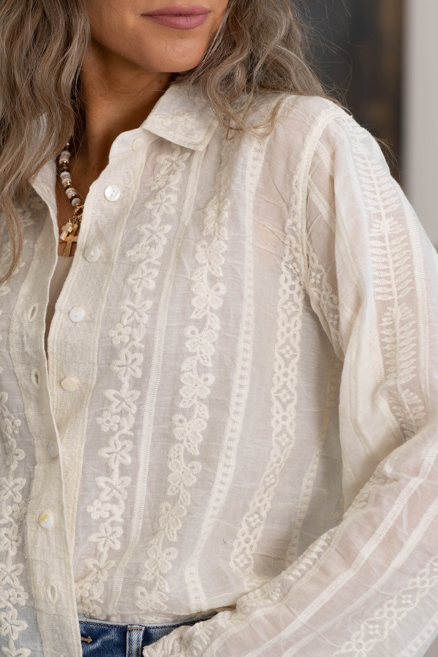 Beige Lace And Cotton Button Down Top