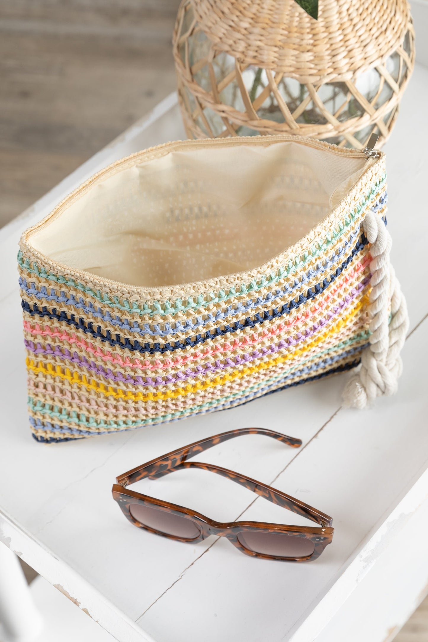 Blue Multicolor Stripe Rope Handle Pouch