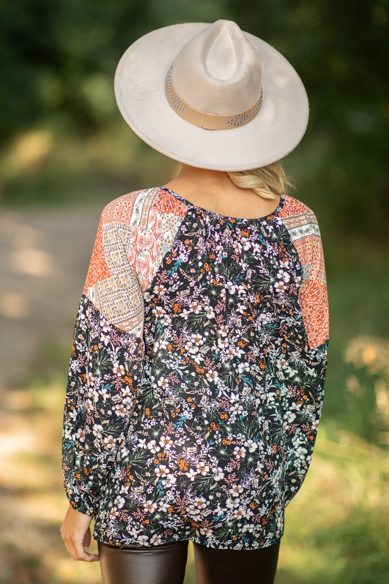 Black Multicolor Colorblock Floral Print Top