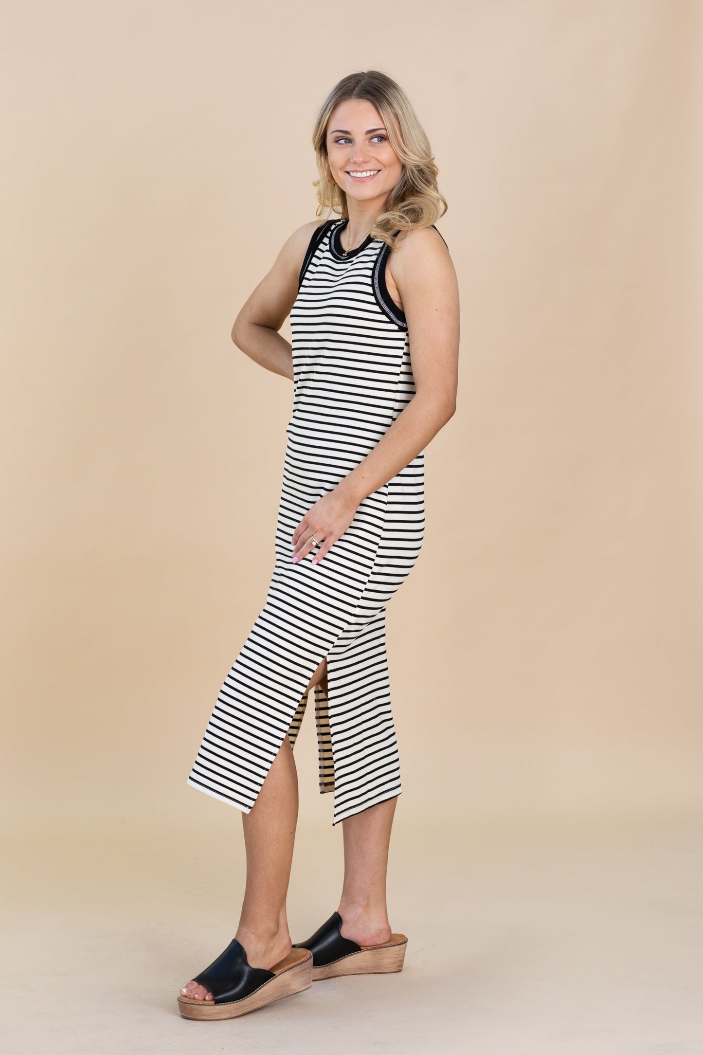 Black Stripe Side Slit Tank Maxi Dress