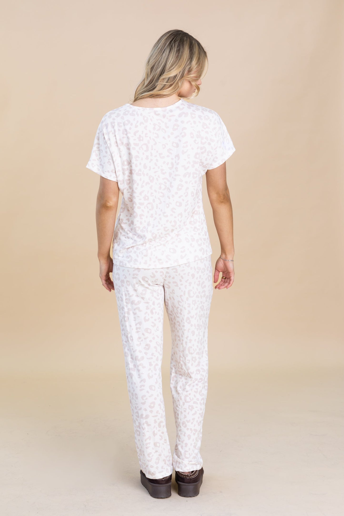 Beige Cheetah V-Neck Tee And Pant Set