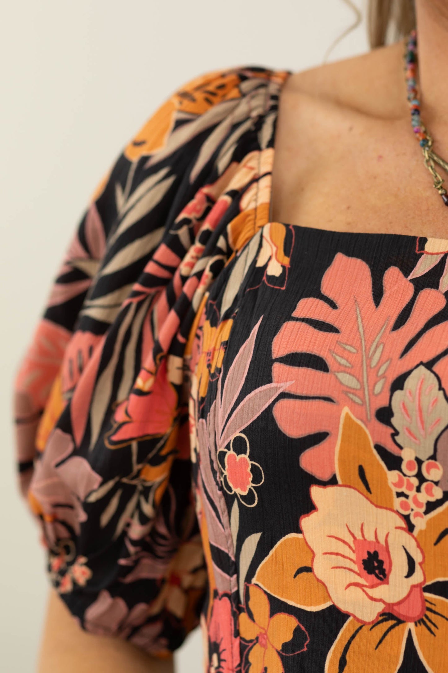 Black And Orange Floral Puff Sleeve Dress