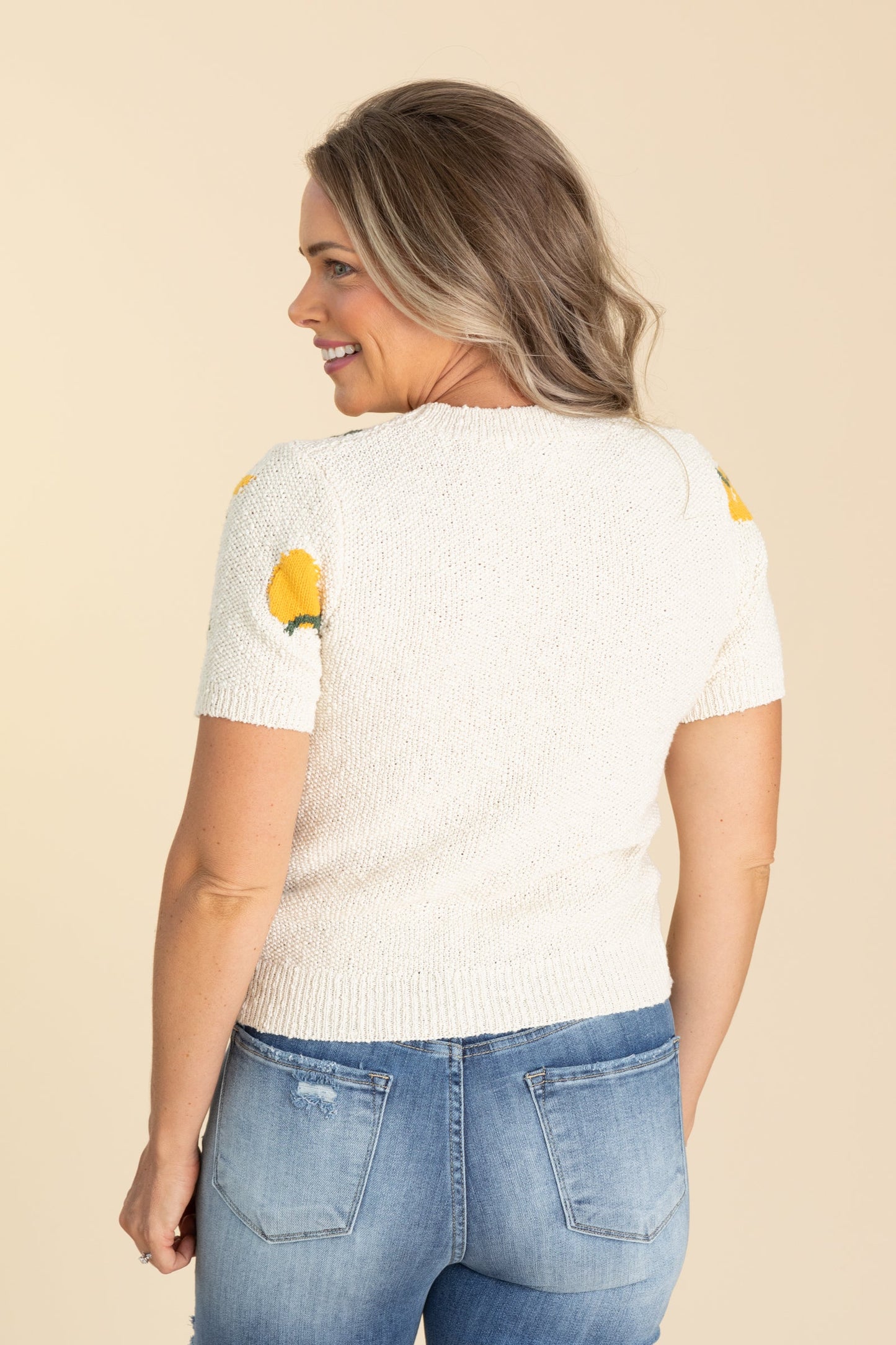 Beige With Lemons Short Sleeve Knit Top