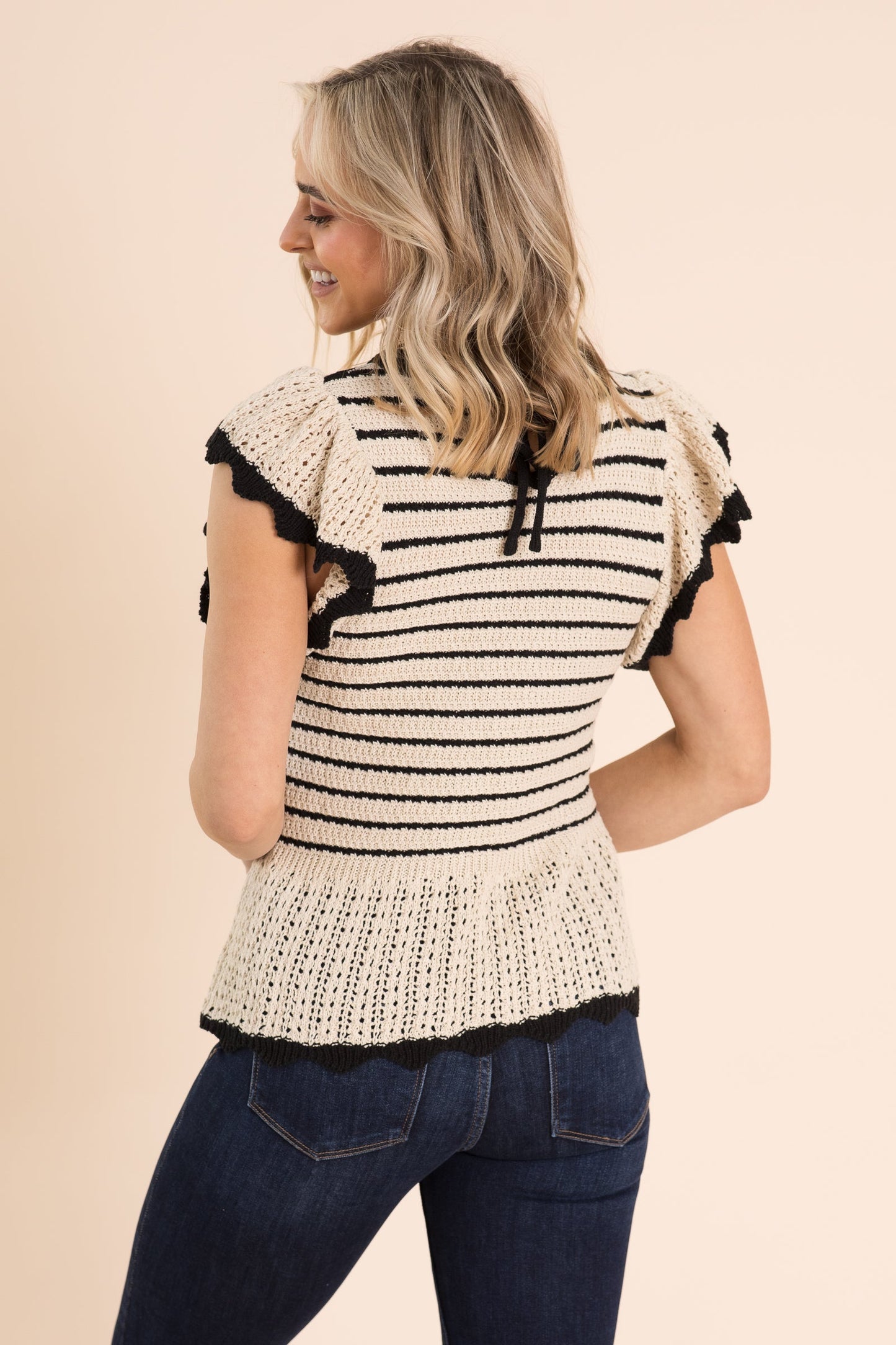 Beige Striped Ruffle Sleeve Knit Sweater Top