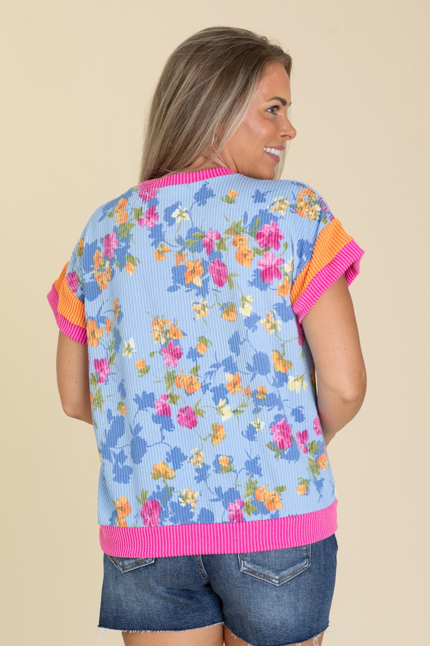 Blue Ribbed Floral With Colorblock Knit Top
