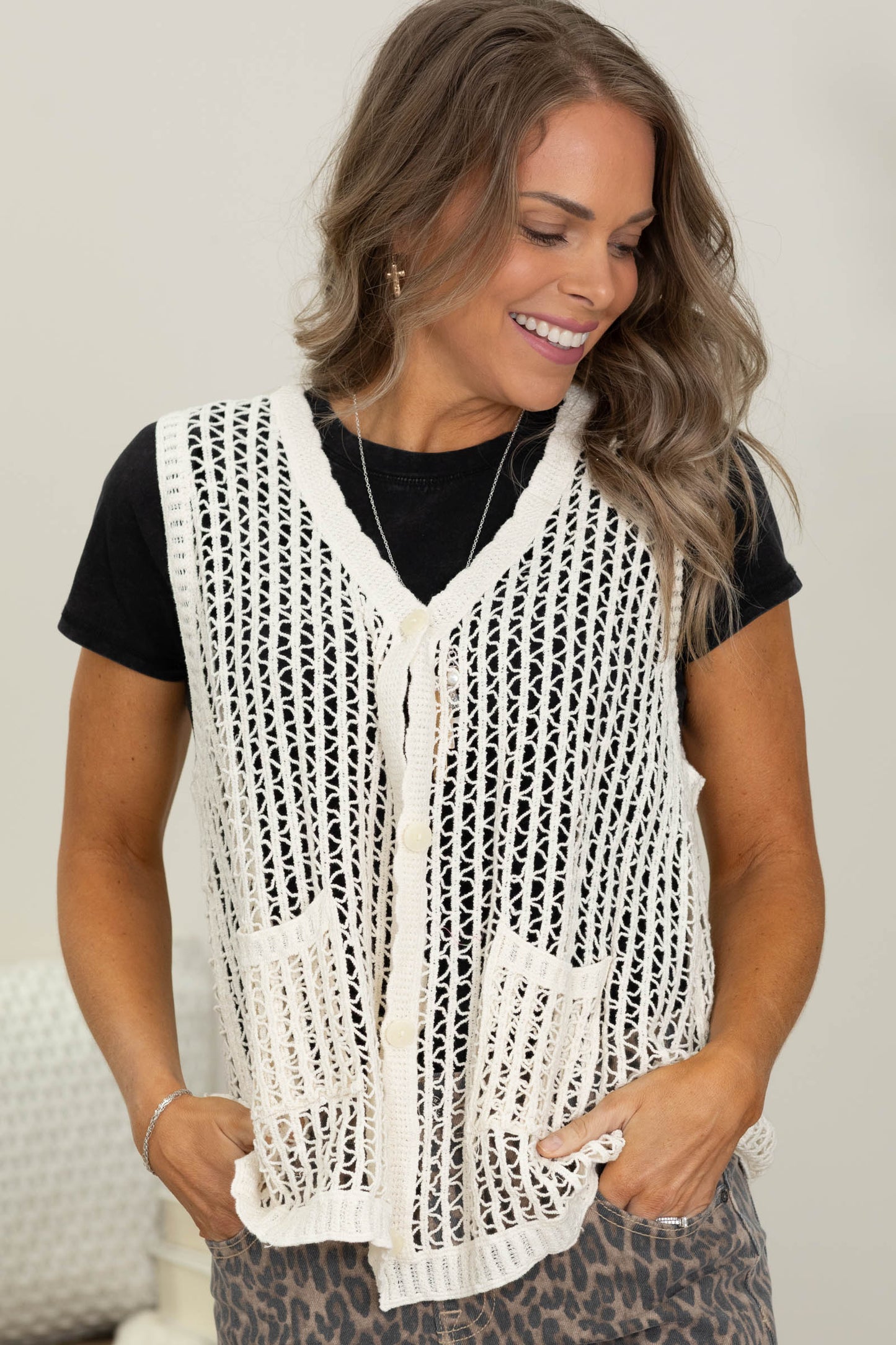 Beige Button Down Crochet Vest
