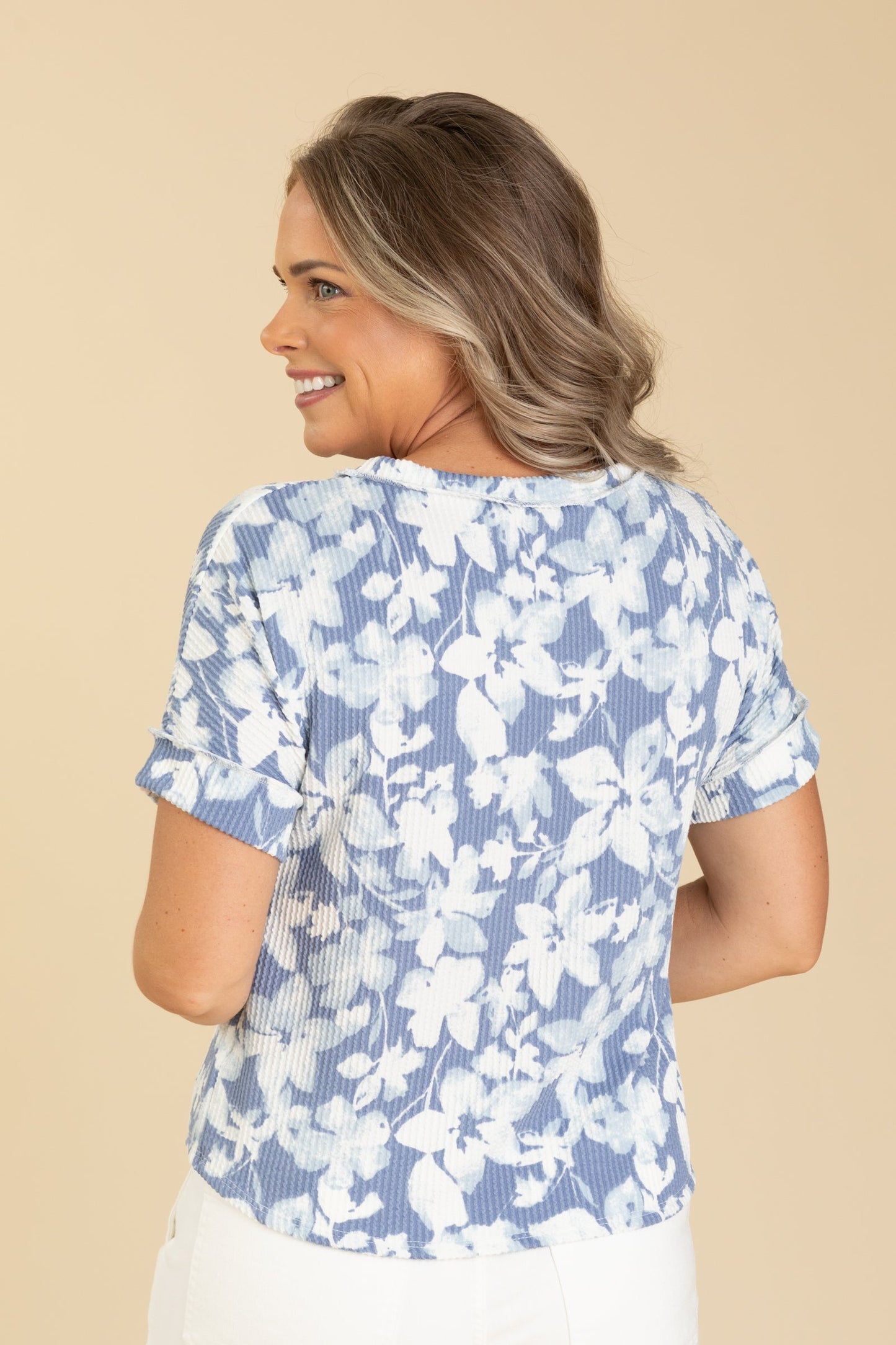 Blue Floral Ribbed Knit Top