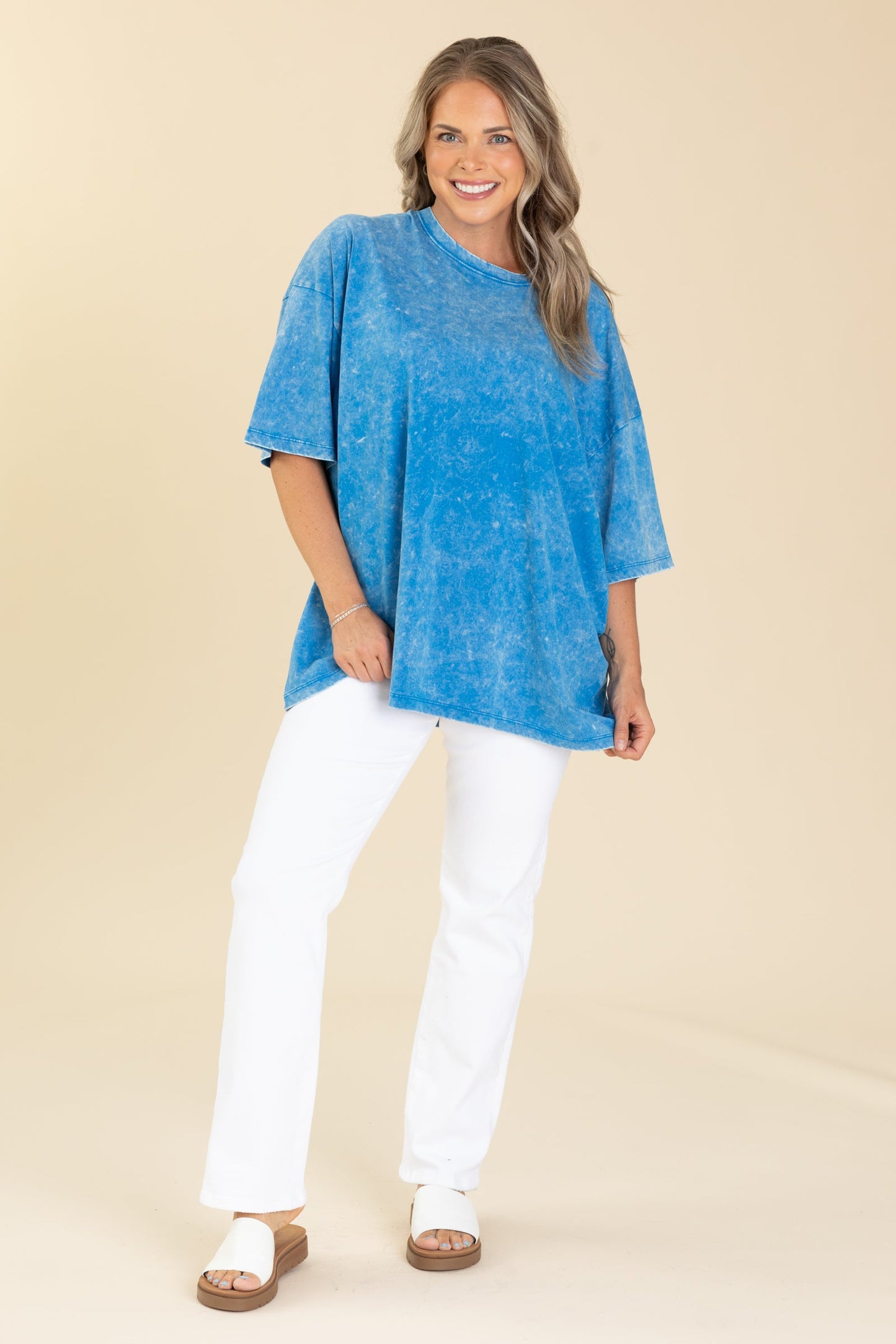 Acid Wash Cotton Drop Shoulder Box Knit Tee