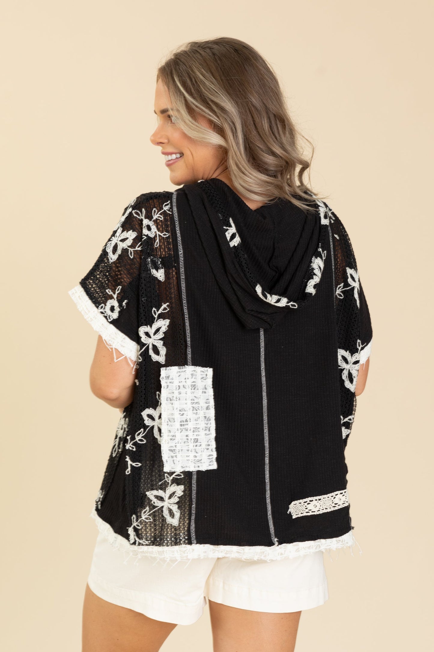 Black V-Neck Crochet Contrast Knit Top