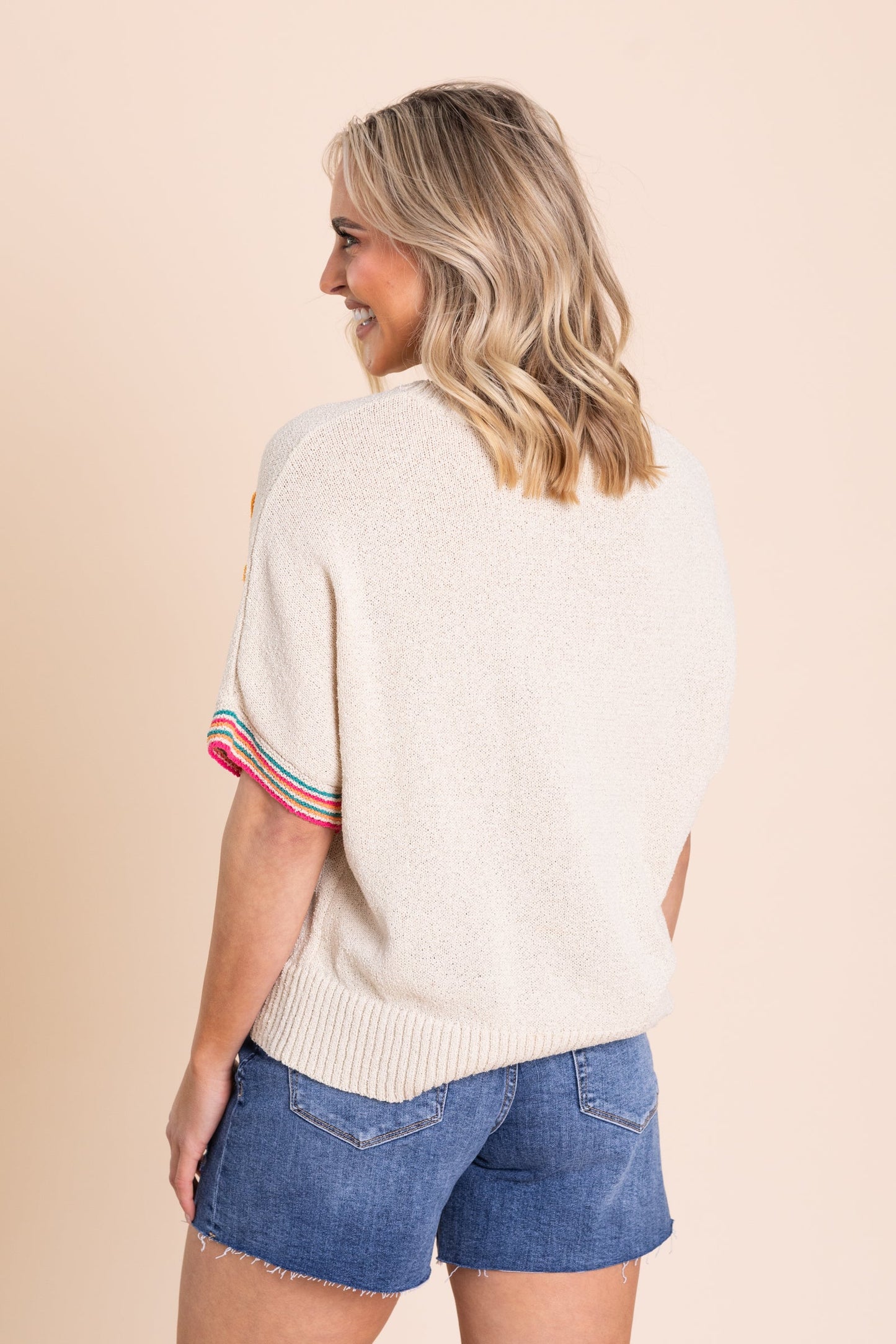 Beige With Marigold Flowers Knit Sweater Top