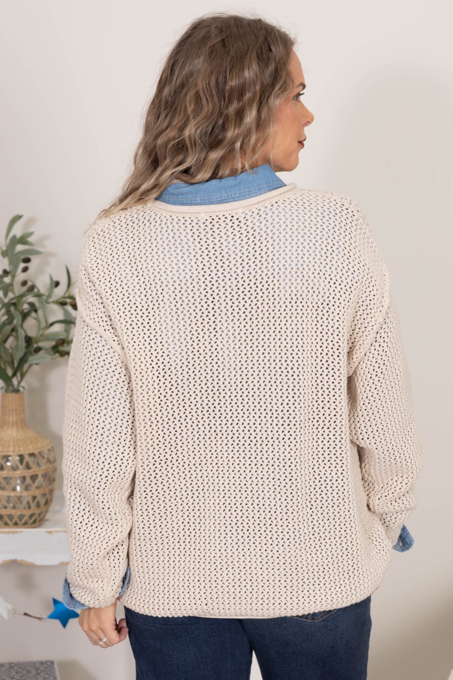 Beige American Flag Crochet Sweater