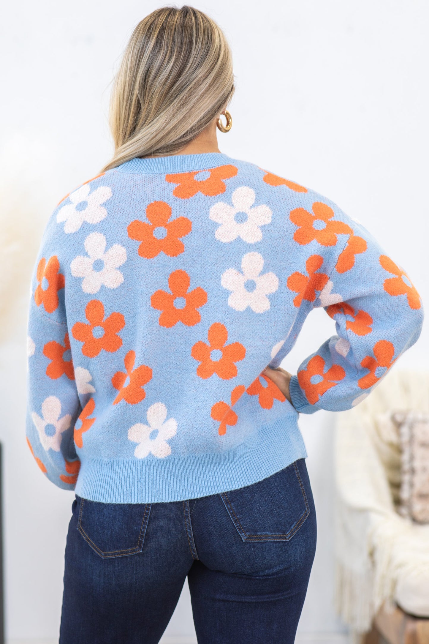 Baby Blue Crewneck Floral Intarsia Sweater