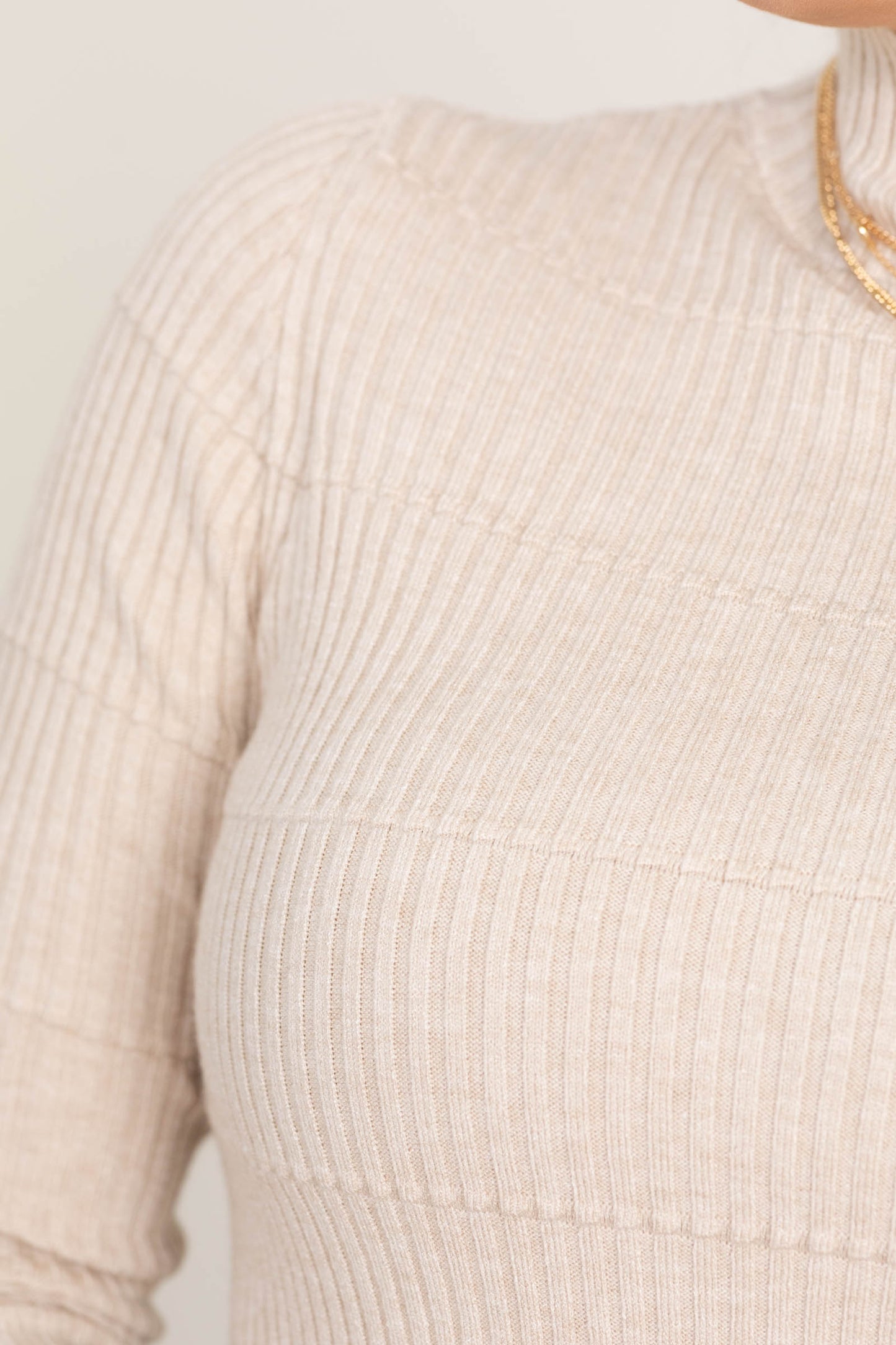Beige Pintuck Mock Neck Knit Sweater Top
