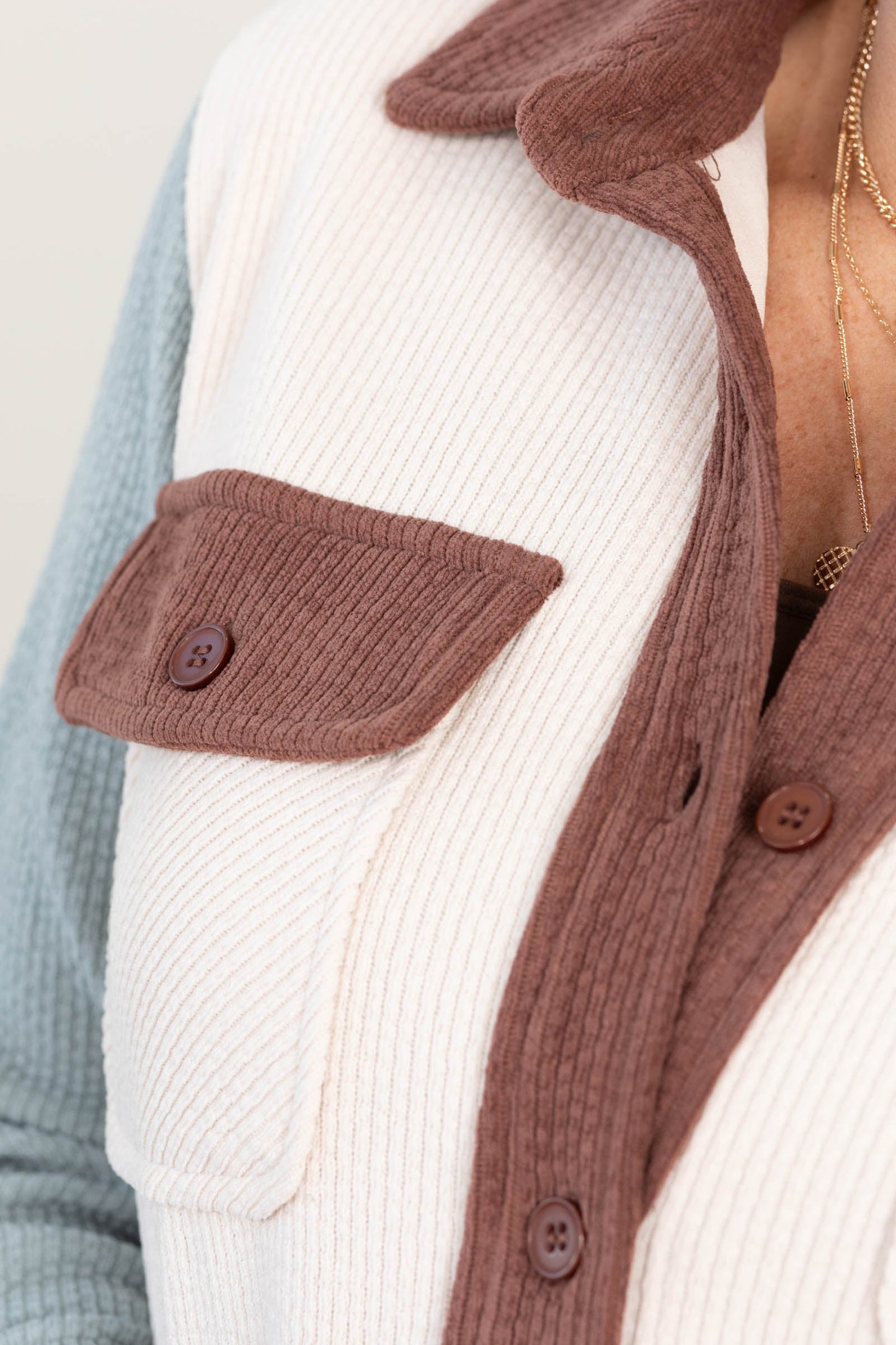 Beige Knit Corduroy Button Down Shacket