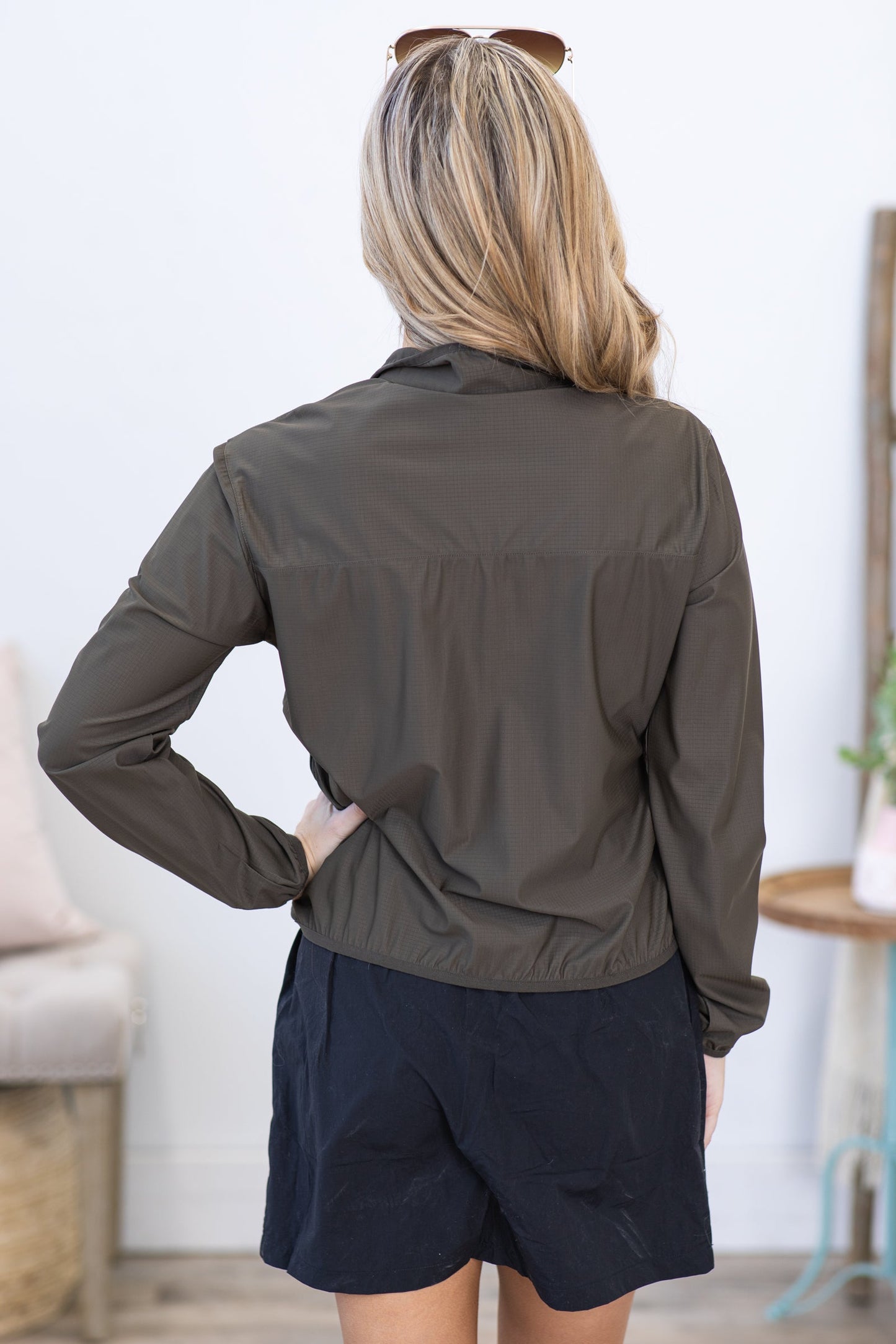 Army Green Nylon Blend Active Pullover Top