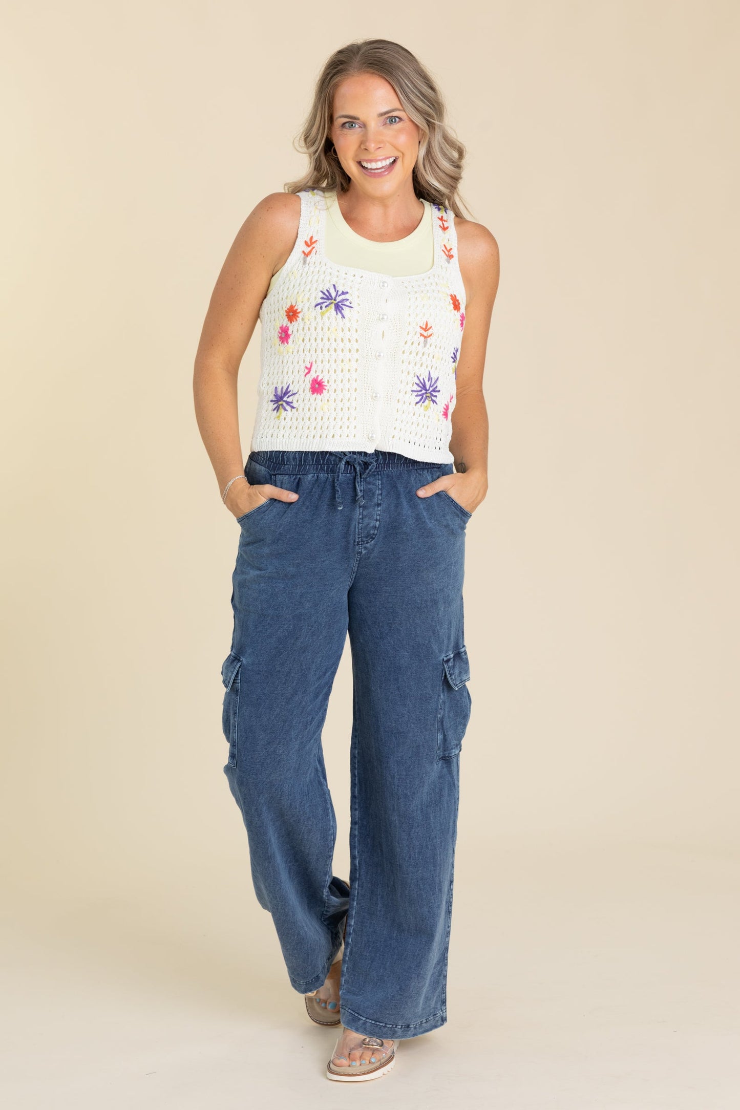 Blue Mineral Wash Wide Leg Cotton Cargo Pants