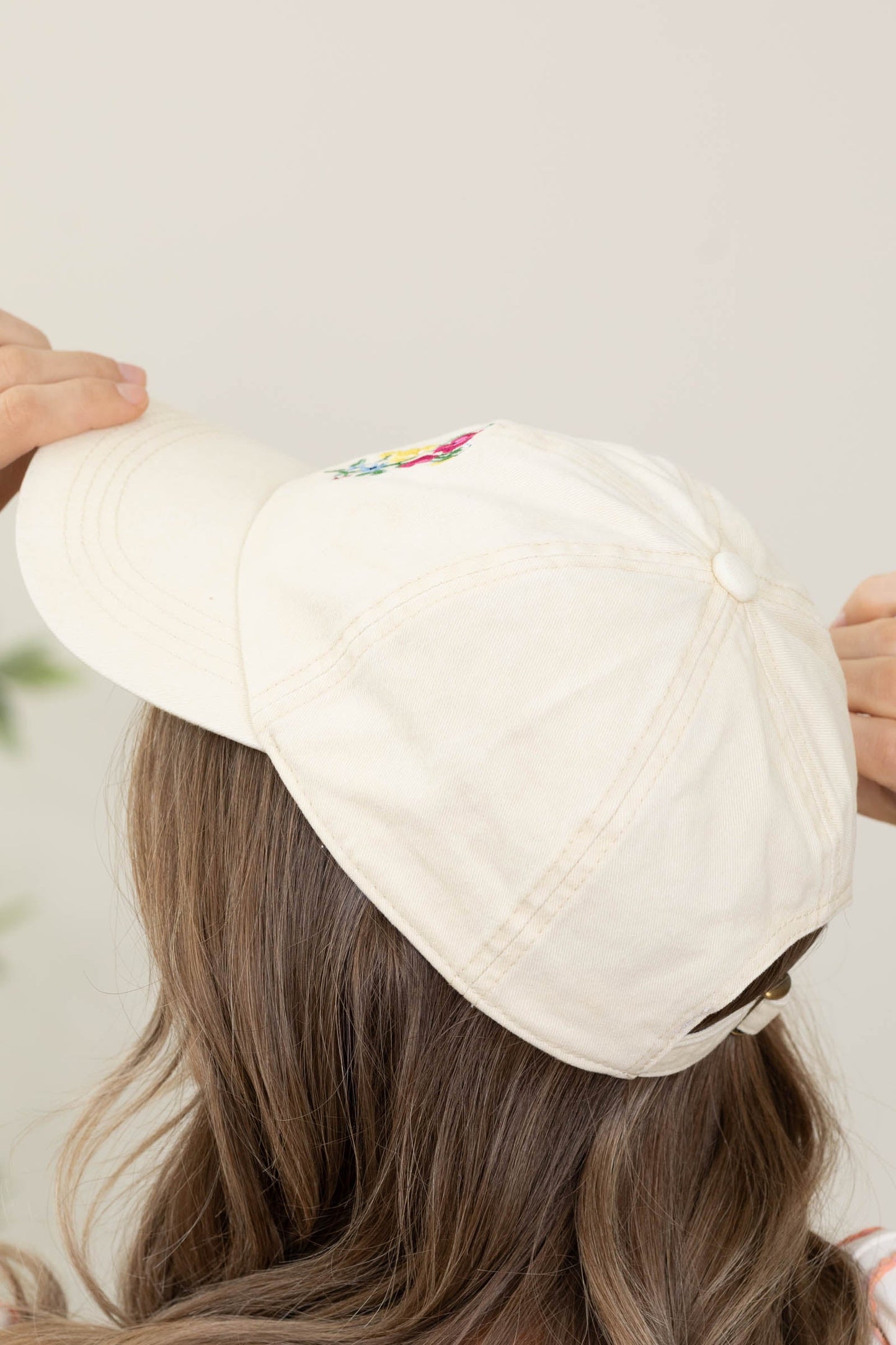 Beige Flowers Embroidered Hat- 100% Cotton
