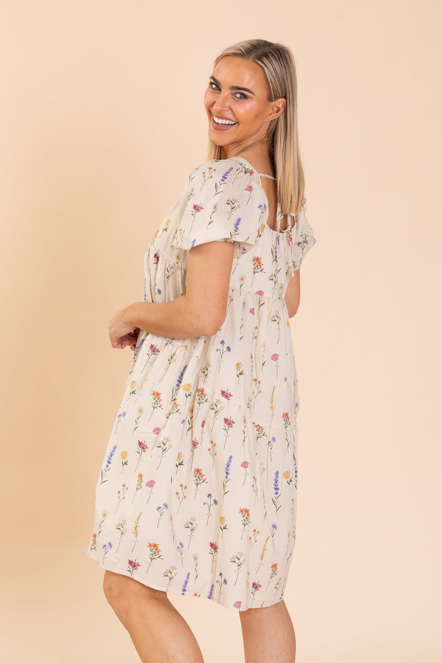 Beige Floral Print Dress With Flutter Sleeve