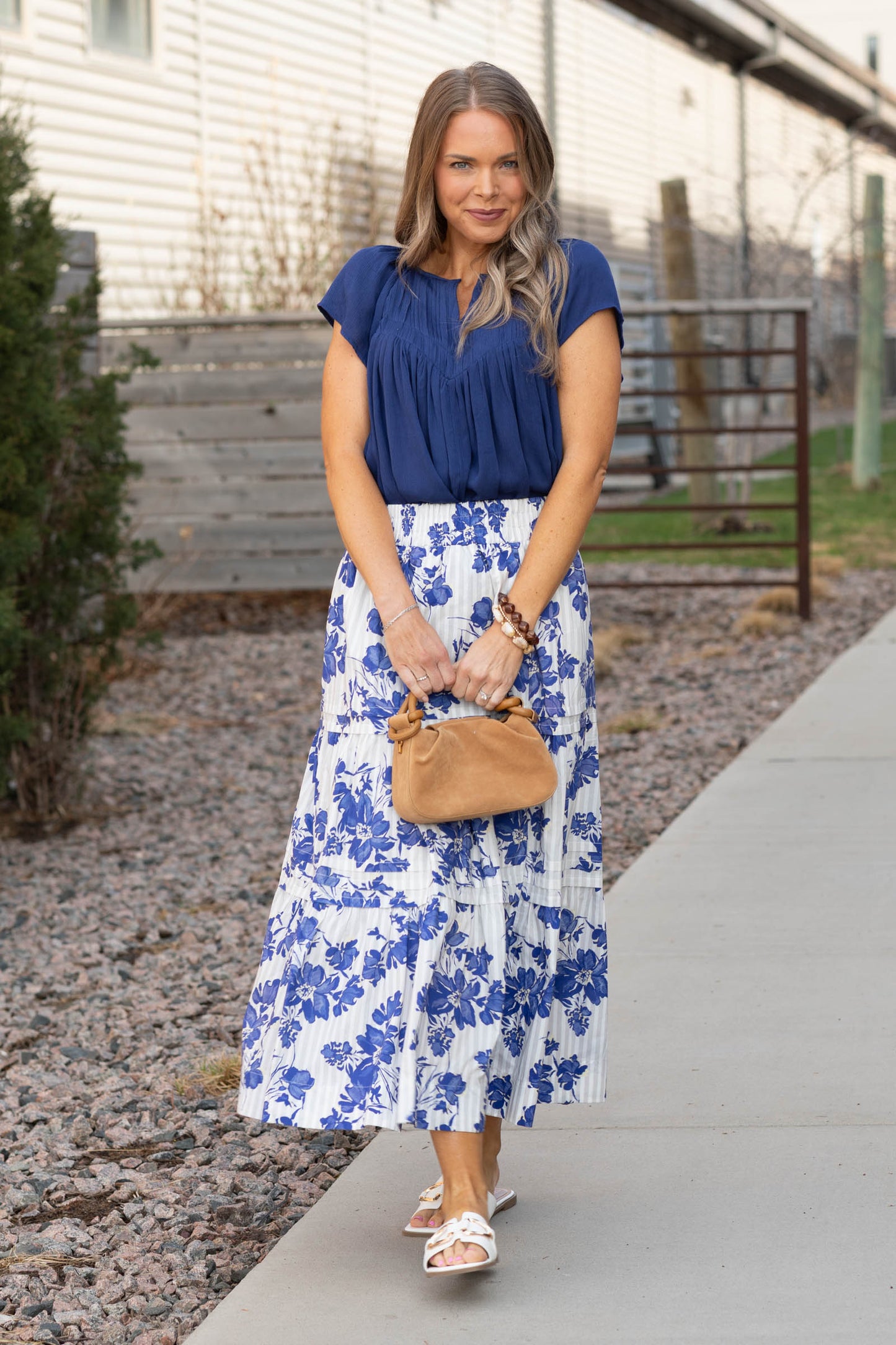 Blue Floral Mix Striped Print Maxi Skirt- 100% Cotton
