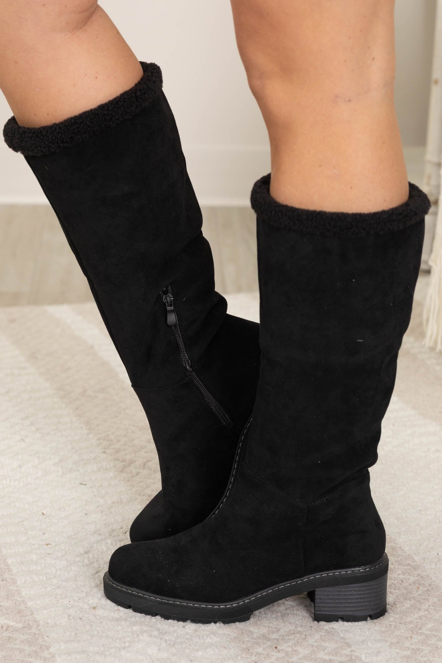 Black Suede Sherpa Cuff Block Heel Boot