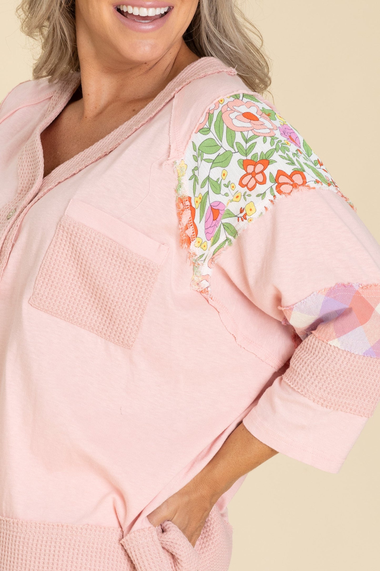 Baby Pink Mix Print Cotton Washed Knit Top